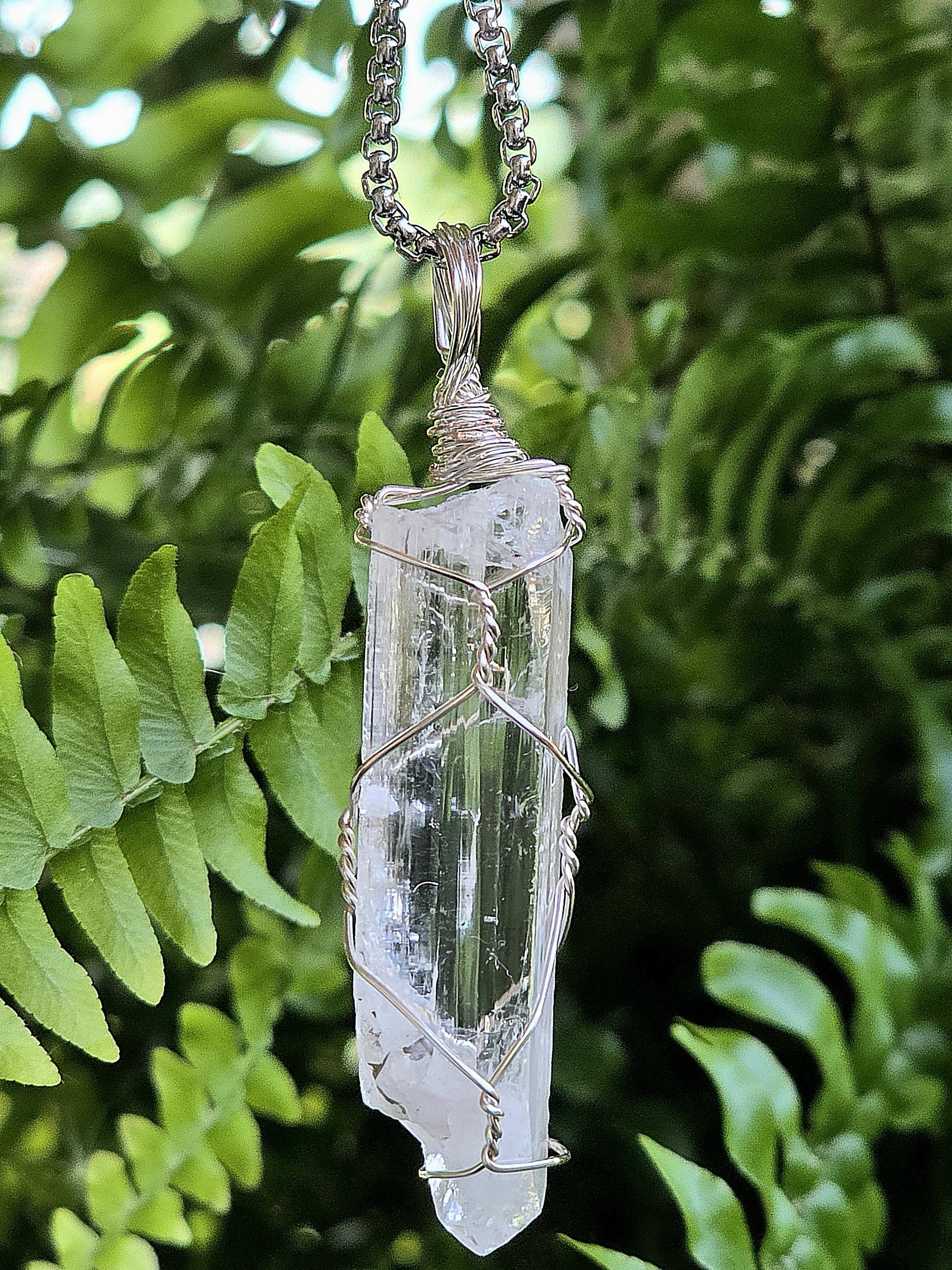 Danburite Crystal Necklace | Clear Danburite Pendant | Wire Wrapped Danburite | 22 Inch Stainless Steel Chain | Rare Crystal Jewelry