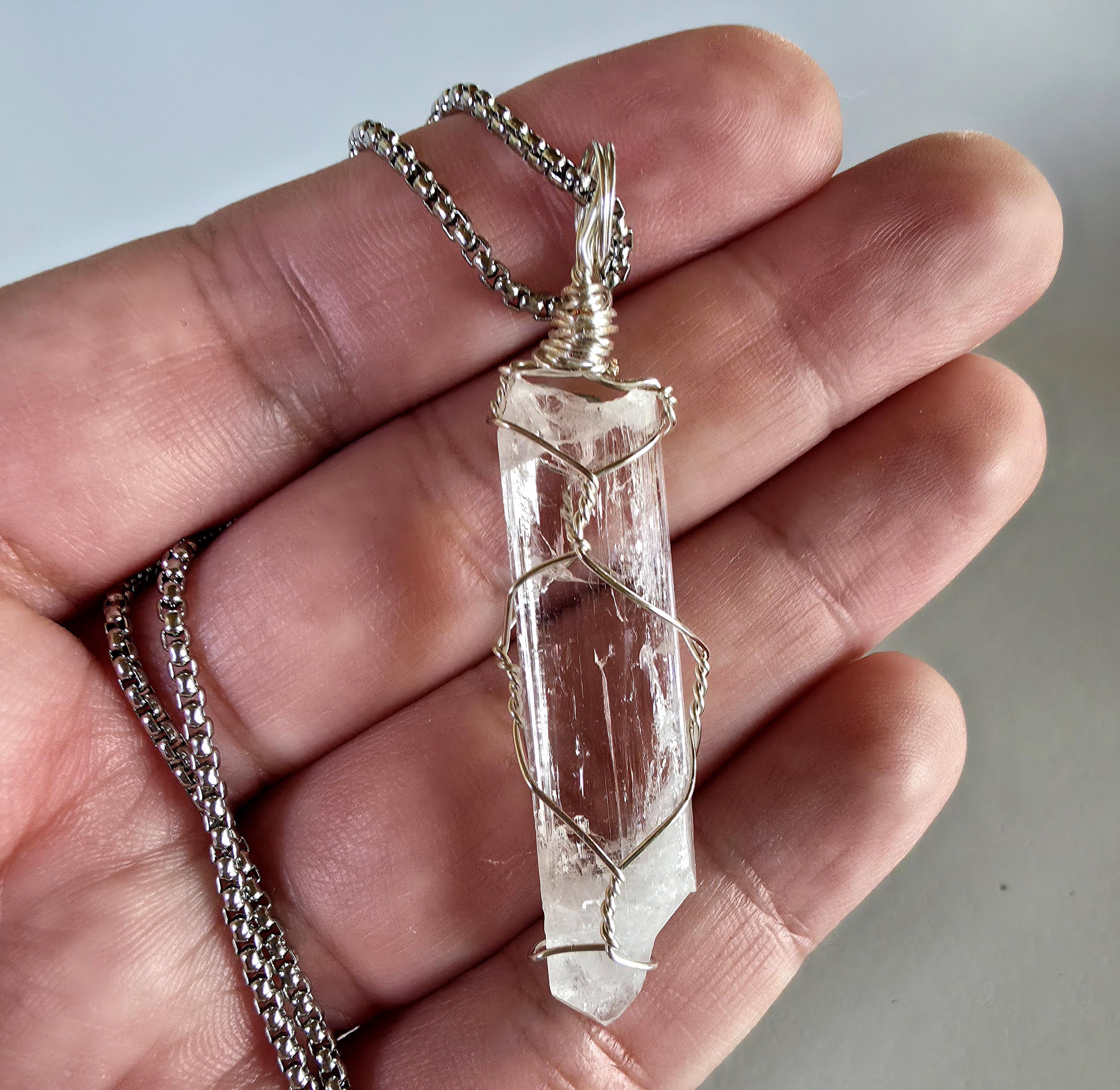 Danburite Crystal Necklace | Clear Danburite Pendant | Wire Wrapped Danburite | 22 Inch Stainless Steel Chain | Rare Crystal Jewelry