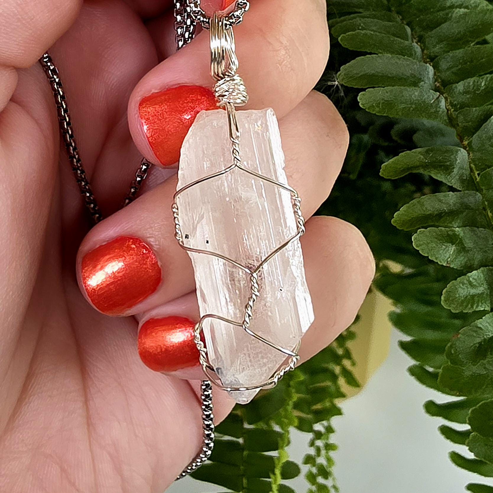 Wire Wrapped Danburite Crystal Necklace | Clear Pendant, Rare Mexican Stone, Stainless Steel Chain