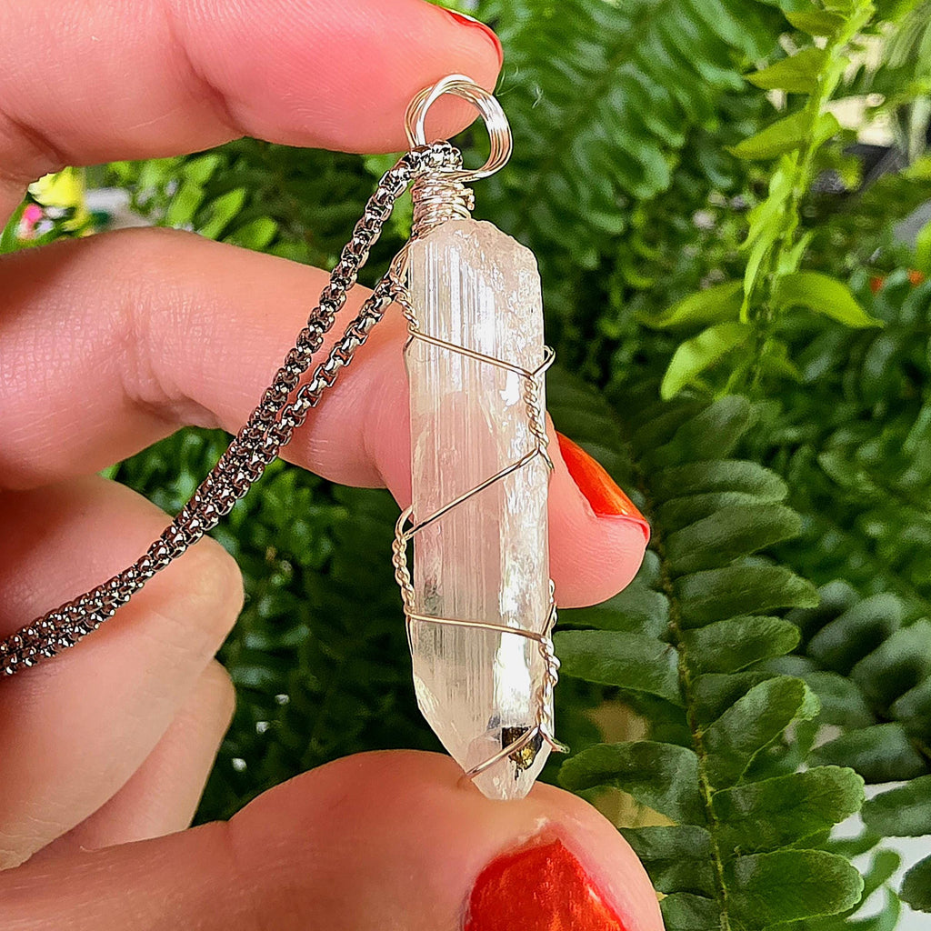 Wire Wrapped Danburite Crystal Necklace | Clear Pendant, Rare Mexican Stone, Stainless Steel Chain