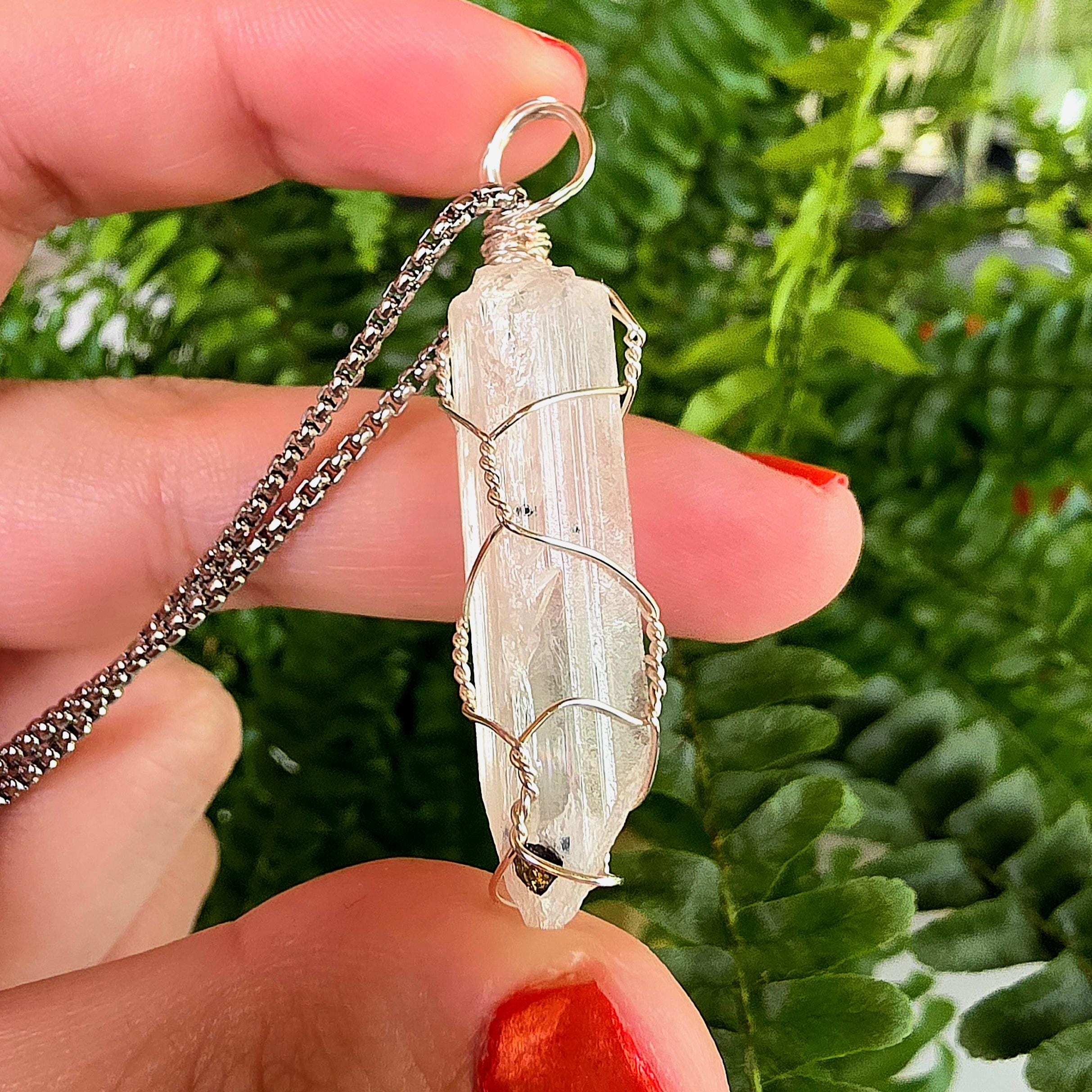 Wire Wrapped Danburite Crystal Necklace | Clear Pendant, Rare Mexican Stone, Stainless Steel Chain