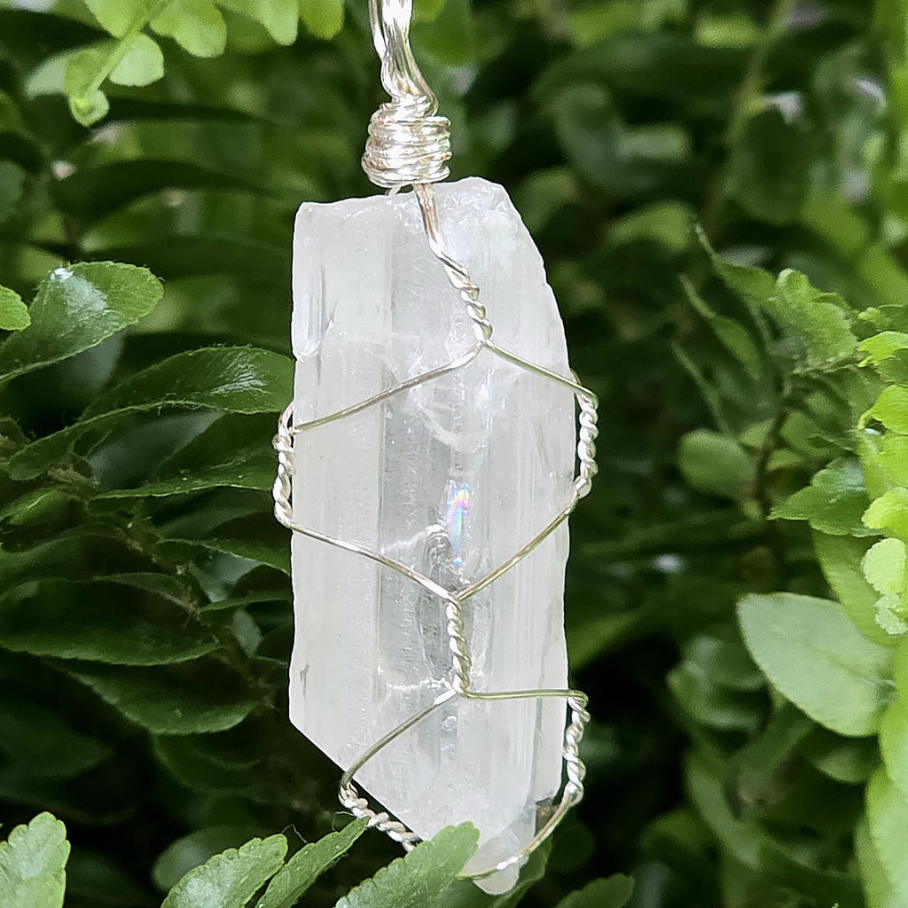 Wire Wrapped Danburite Crystal Necklace | Clear Pendant, Rare Mexican Stone, Stainless Steel Chain