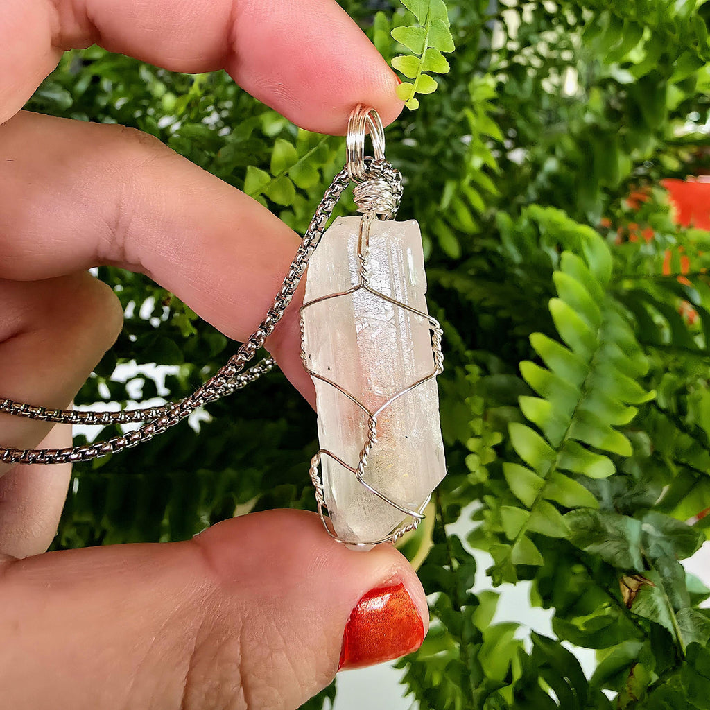 Wire Wrapped Danburite Crystal Necklace | Clear Pendant, Rare Mexican Stone, Stainless Steel Chain