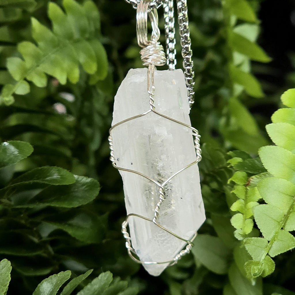 Wire Wrapped Danburite Crystal Necklace | Clear Pendant, Rare Mexican Stone, Stainless Steel Chain