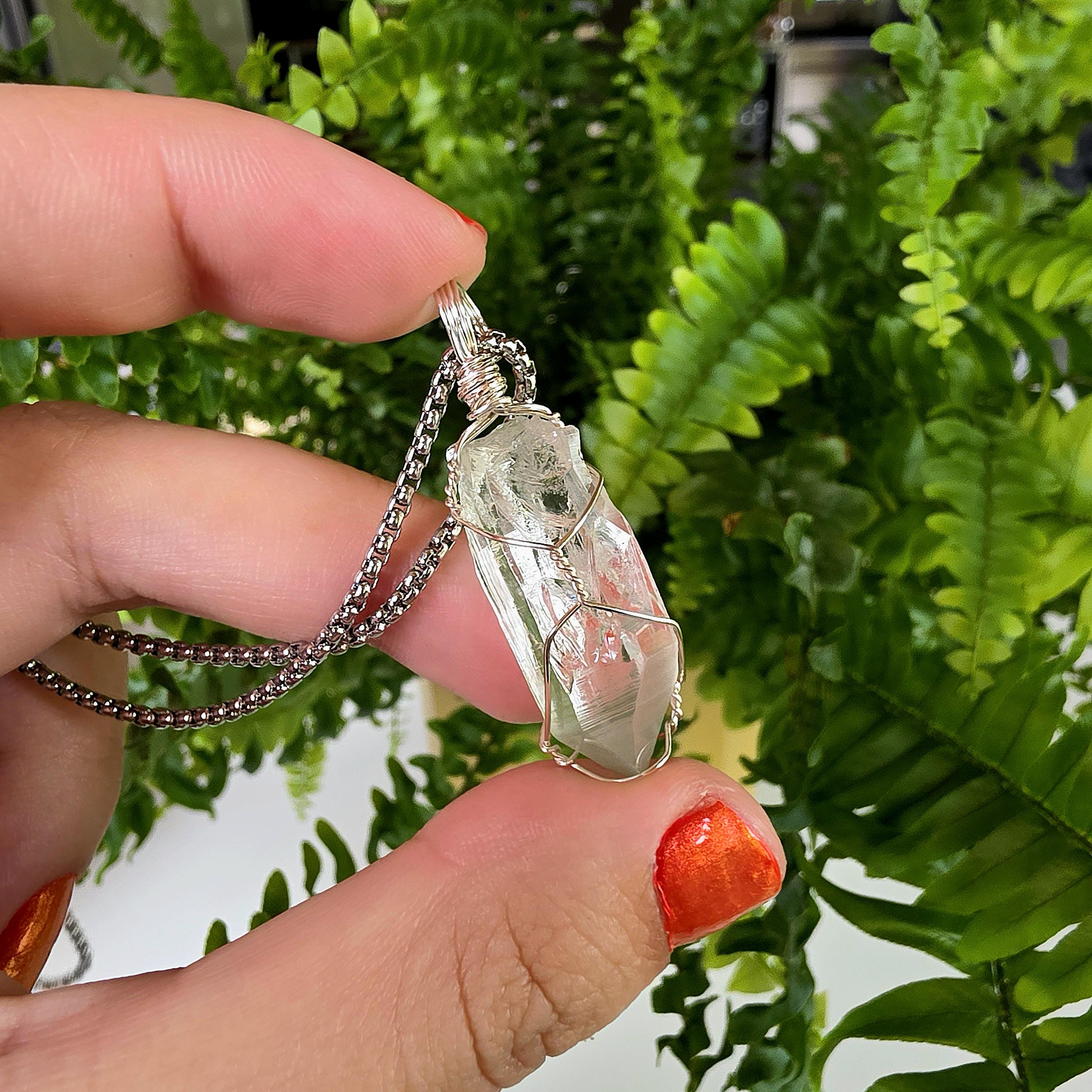 Himalayan Quartz Point Necklace | Chlorite Included Crystal | High Altitude Quartz Pendant | Stainless Steel Chain Jewelry
