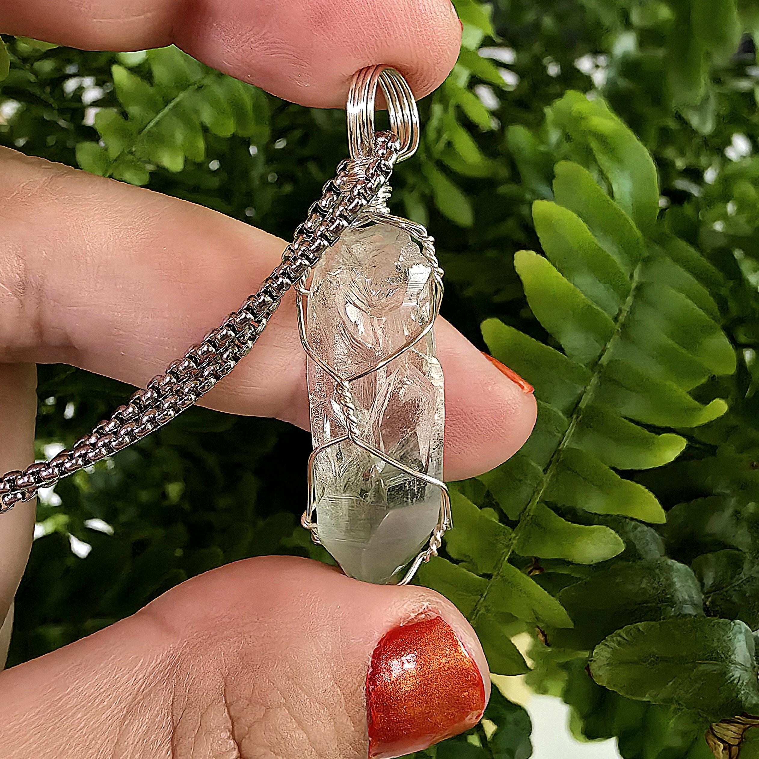 Himalayan Quartz Point Necklace | Chlorite Included Crystal | High Altitude Quartz Pendant | Stainless Steel Chain Jewelry