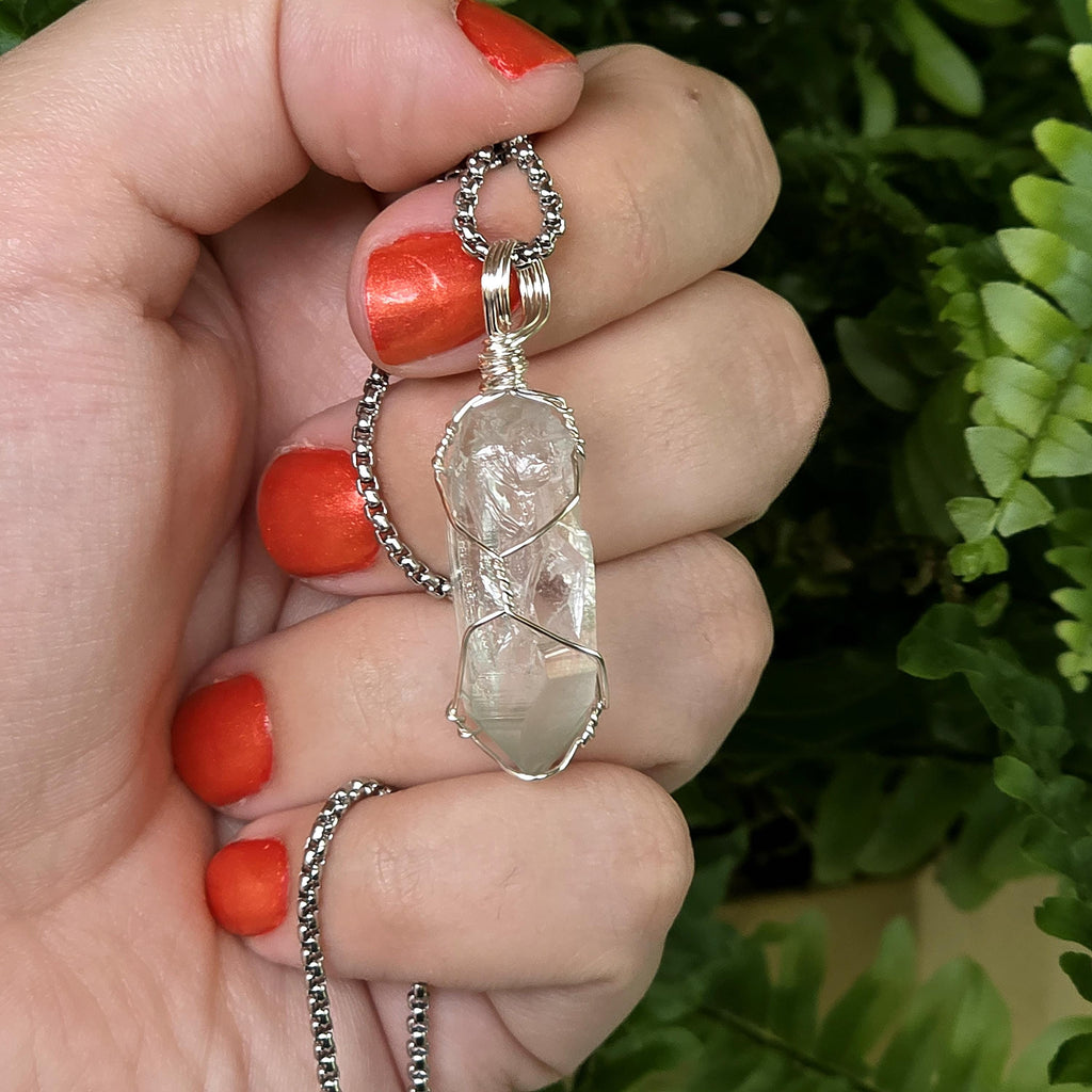 Himalayan Quartz Point Necklace | Chlorite Included Crystal | High Altitude Quartz Pendant | Stainless Steel Chain Jewelry