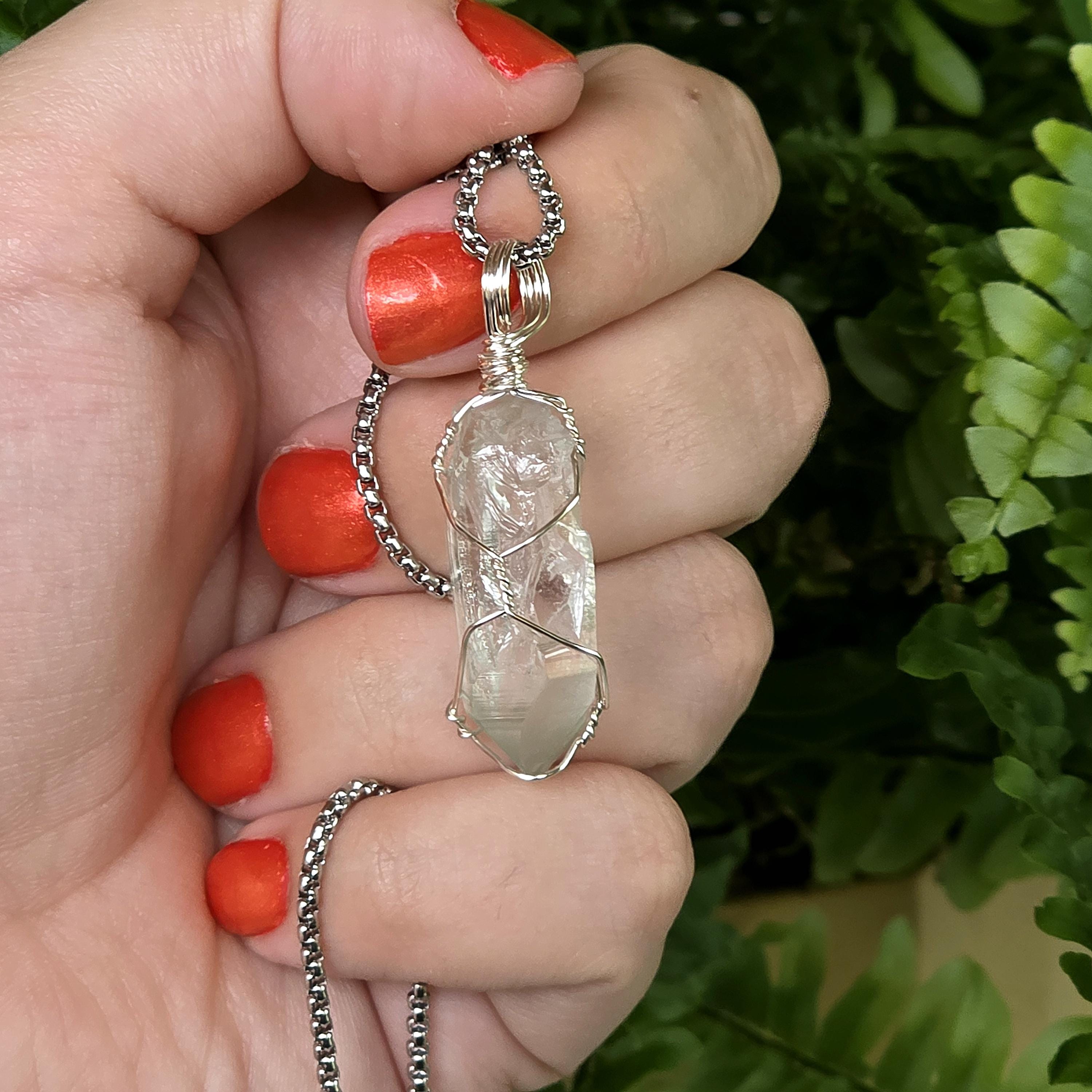 Himalayan Quartz Point Necklace | Chlorite Included Crystal | High Altitude Quartz Pendant | Stainless Steel Chain Jewelry