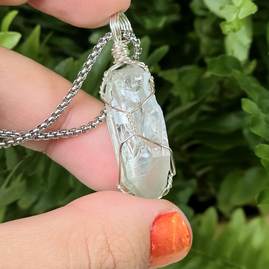 Himalayan Quartz Point Necklace | Chlorite Included Crystal | High Altitude Quartz Pendant | Stainless Steel Chain Jewelry