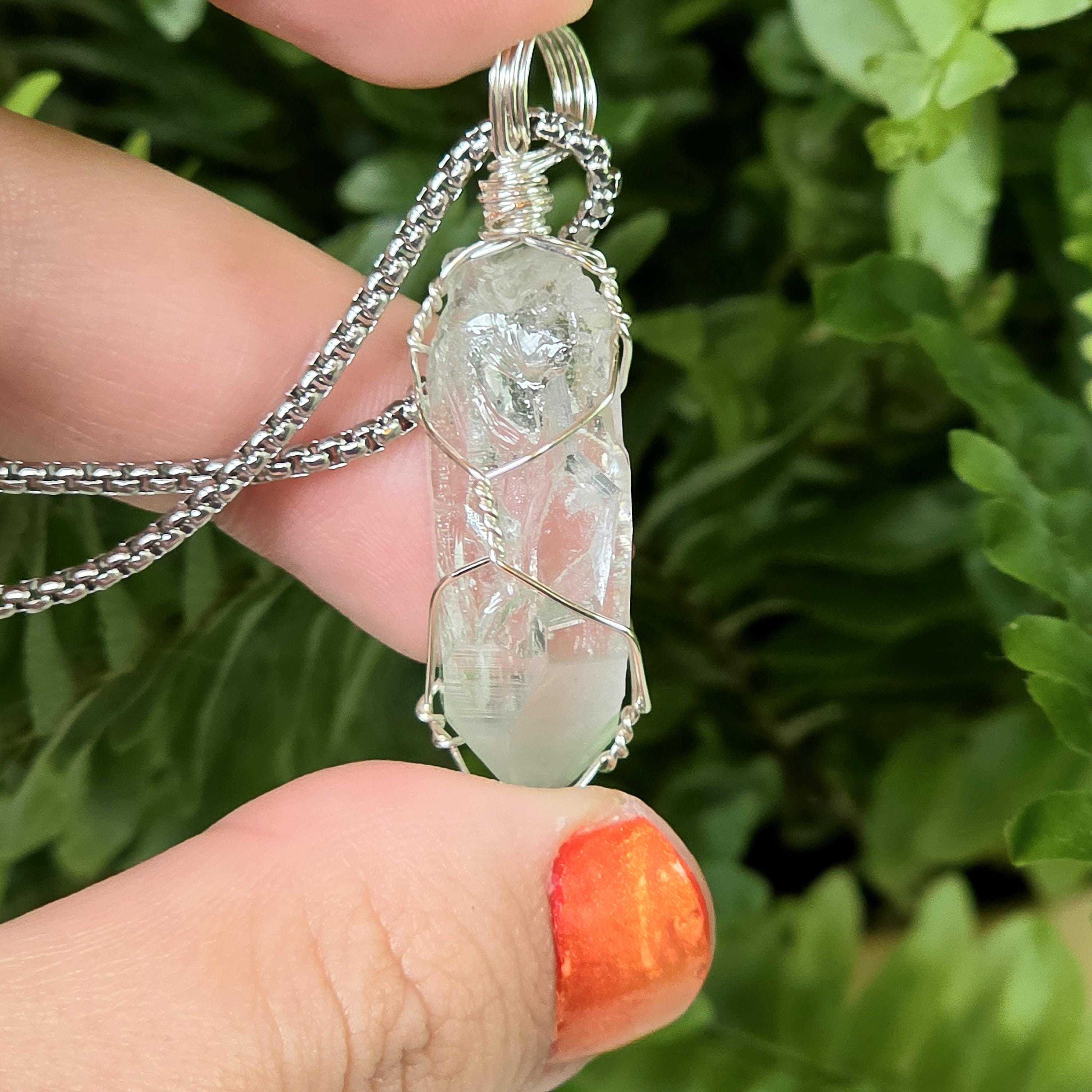 Himalayan Quartz Point Necklace | Chlorite Included Crystal | High Altitude Quartz Pendant | Stainless Steel Chain Jewelry