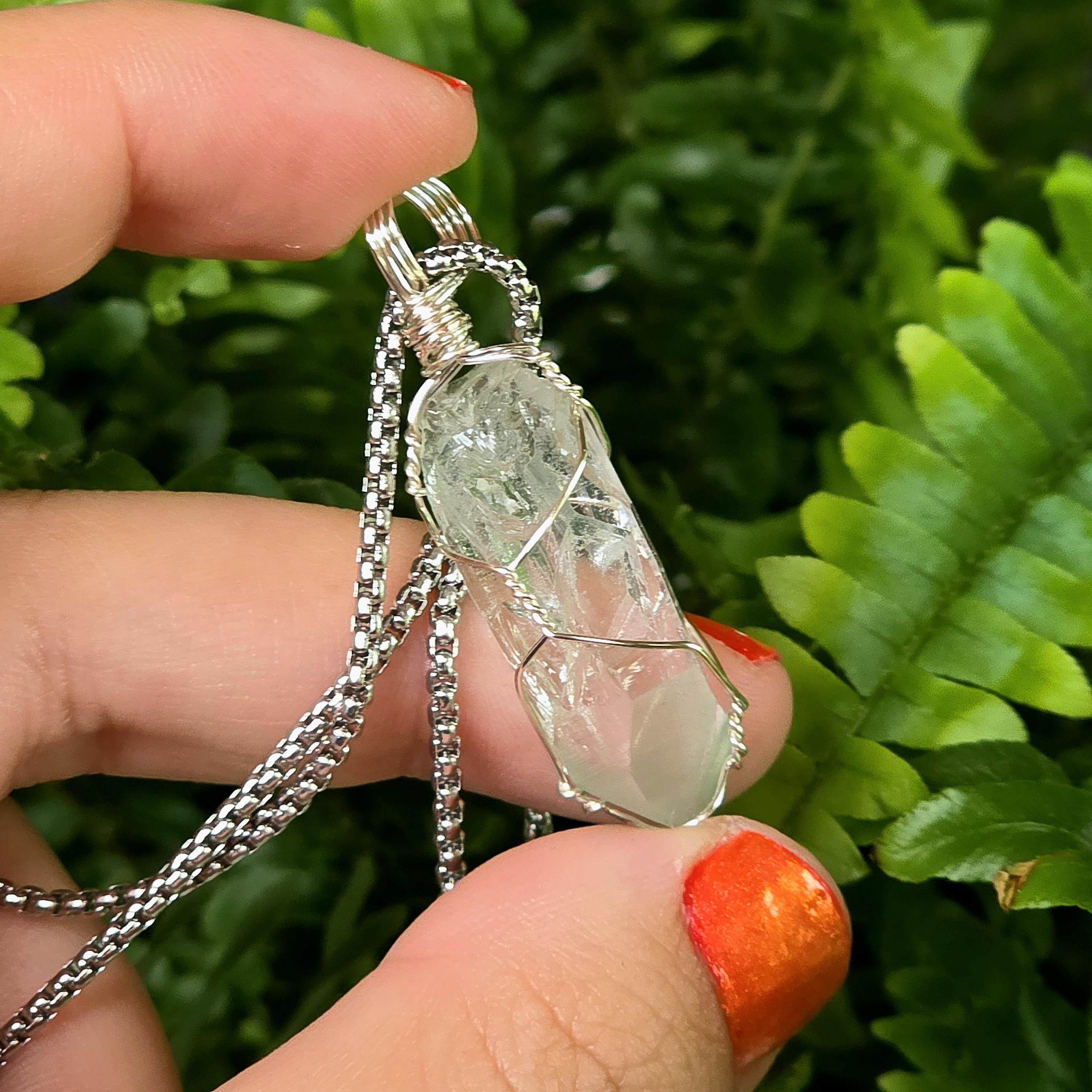 Himalayan Quartz Point Necklace | Chlorite Included Crystal | High Altitude Quartz Pendant | Stainless Steel Chain Jewelry