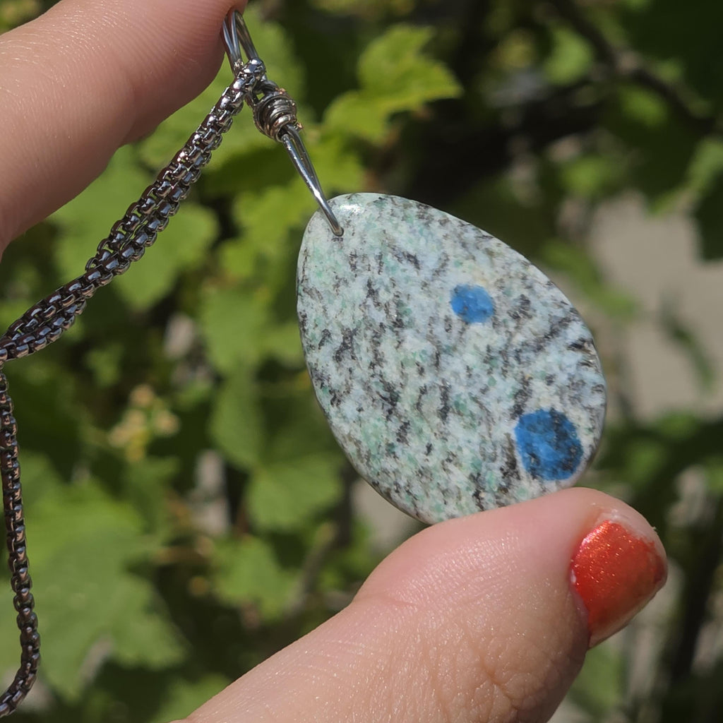 K2 Wire Wrapped Necklace | Azurite in Granite Pendant | Stainless Steel Crystal Necklace | Natural K2 Stone Jewelry