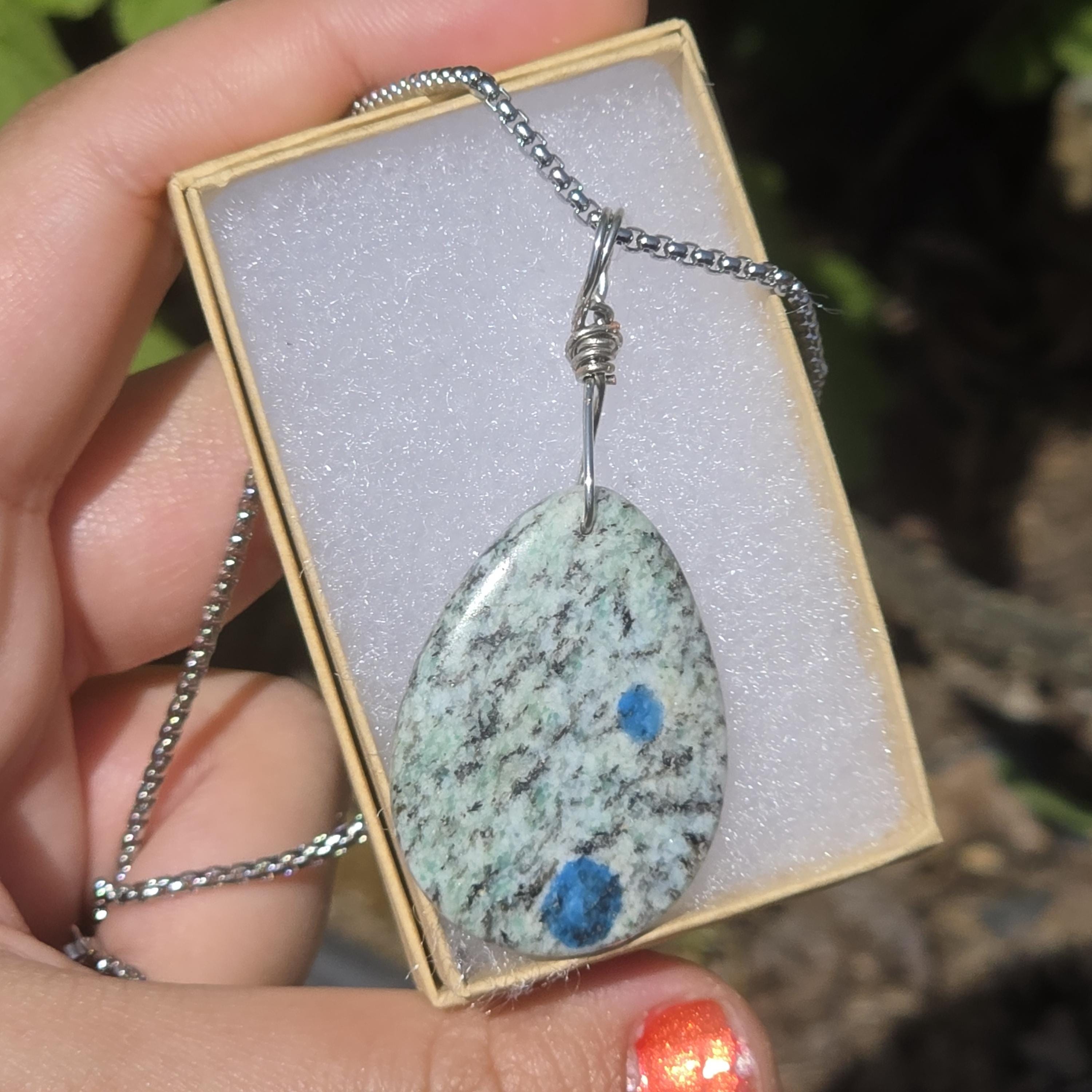 K2 Wire Wrapped Necklace | Azurite in Granite Pendant | Stainless Steel Crystal Necklace | Natural K2 Stone Jewelry