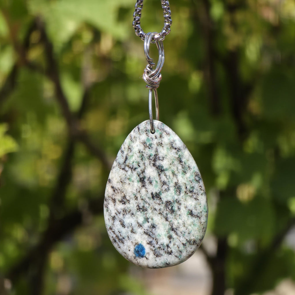 K2 Wire Wrapped Necklace | Azurite in Granite Pendant | Stainless Steel Crystal Necklace | Natural K2 Stone Jewelry