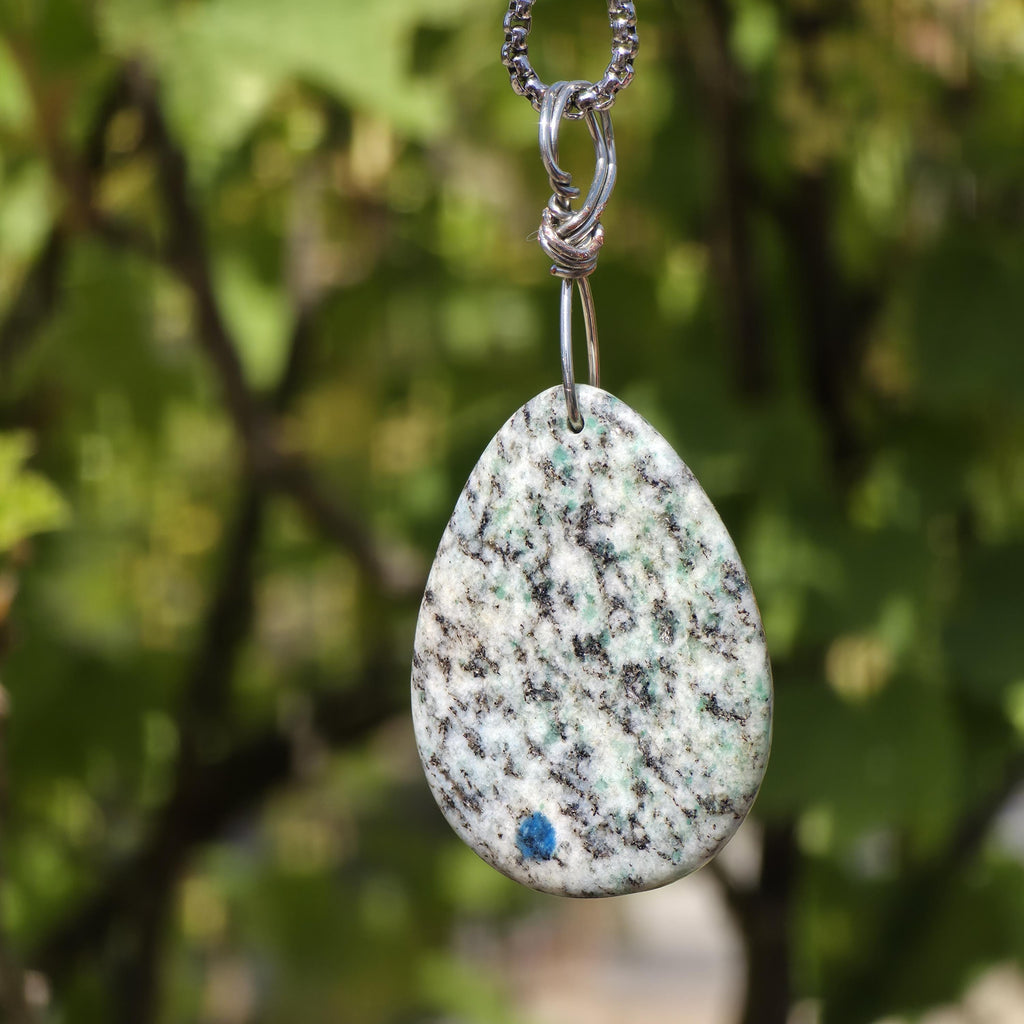 K2 Wire Wrapped Necklace | Azurite in Granite Pendant | Stainless Steel Crystal Necklace | Natural K2 Stone Jewelry