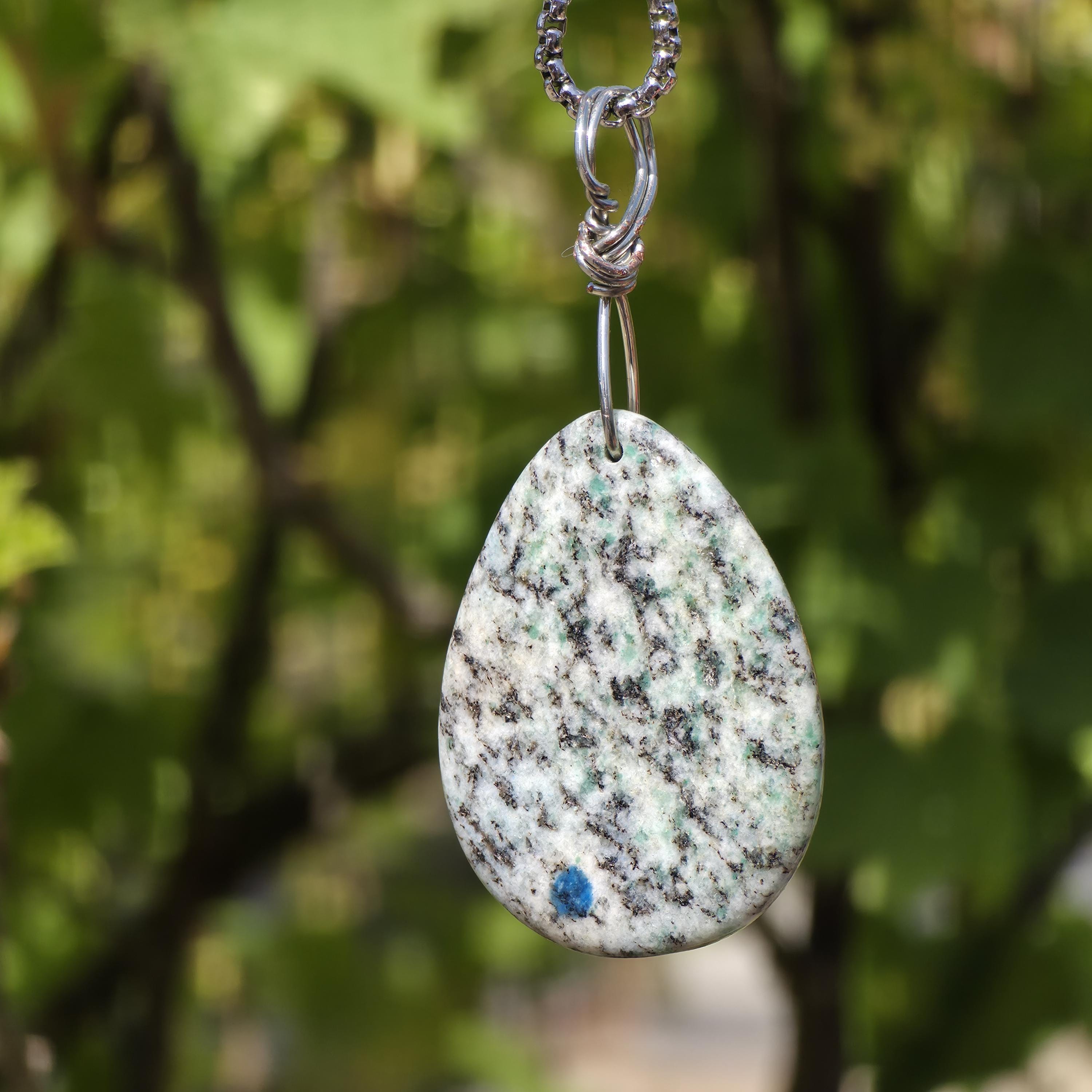 K2 Wire Wrapped Necklace | Azurite in Granite Pendant | Stainless Steel Crystal Necklace | Natural K2 Stone Jewelry