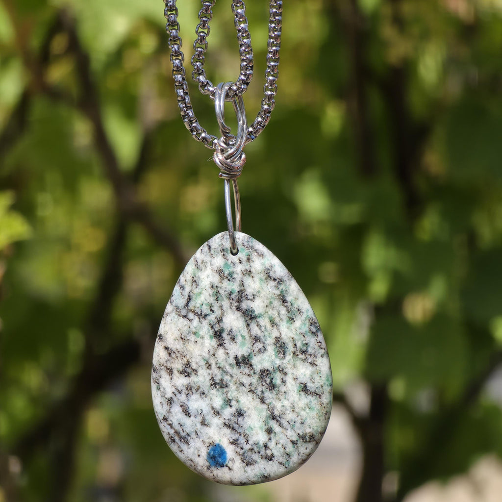 K2 Wire Wrapped Necklace | Azurite in Granite Pendant | Stainless Steel Crystal Necklace | Natural K2 Stone Jewelry