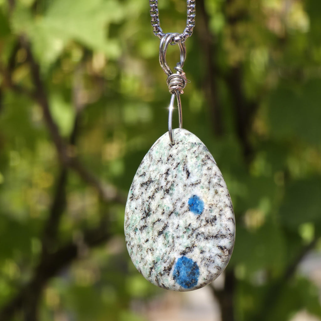 K2 Wire Wrapped Necklace | Azurite in Granite Pendant | Stainless Steel Crystal Necklace | Natural K2 Stone Jewelry