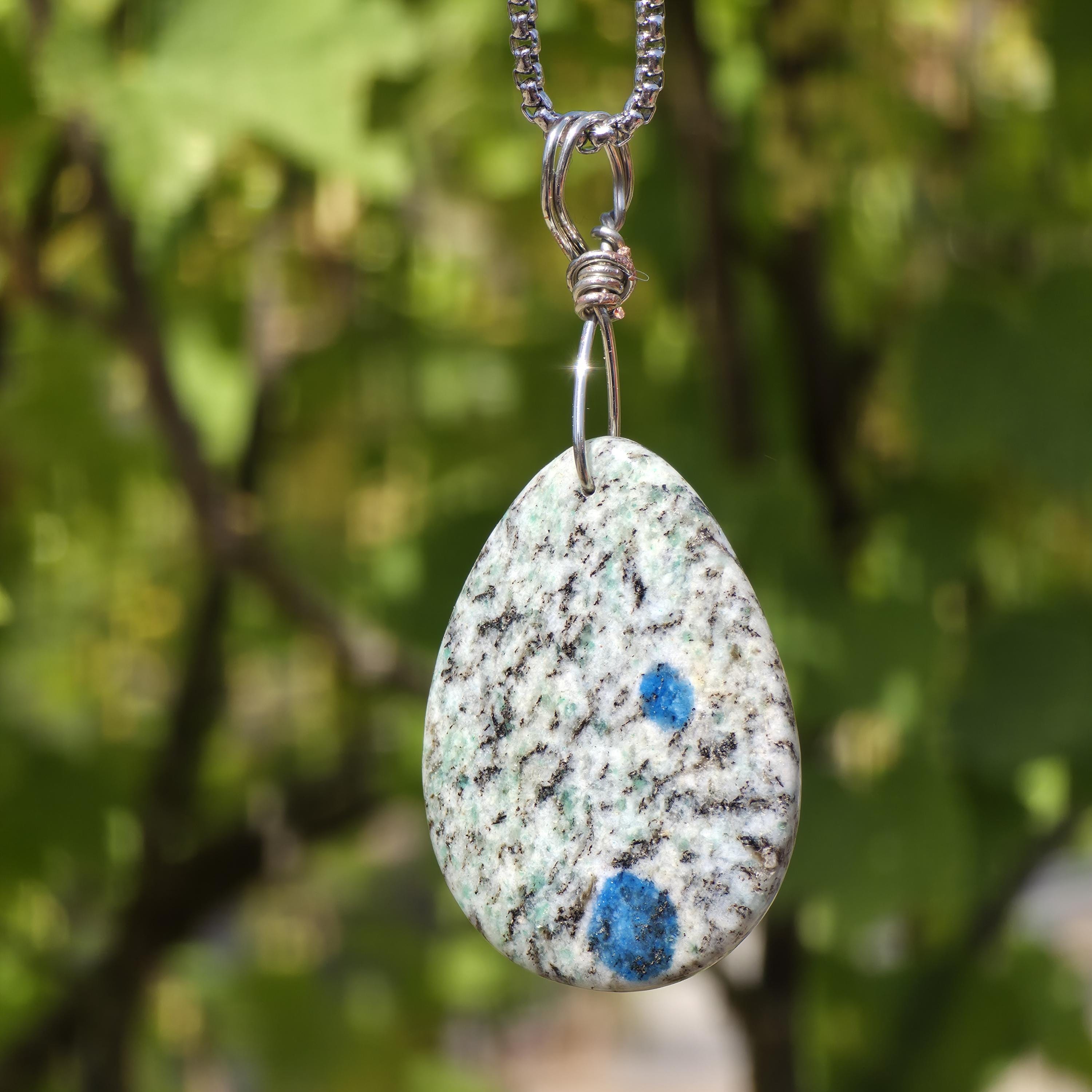 K2 Wire Wrapped Necklace | Azurite in Granite Pendant | Stainless Steel Crystal Necklace | Natural K2 Stone Jewelry