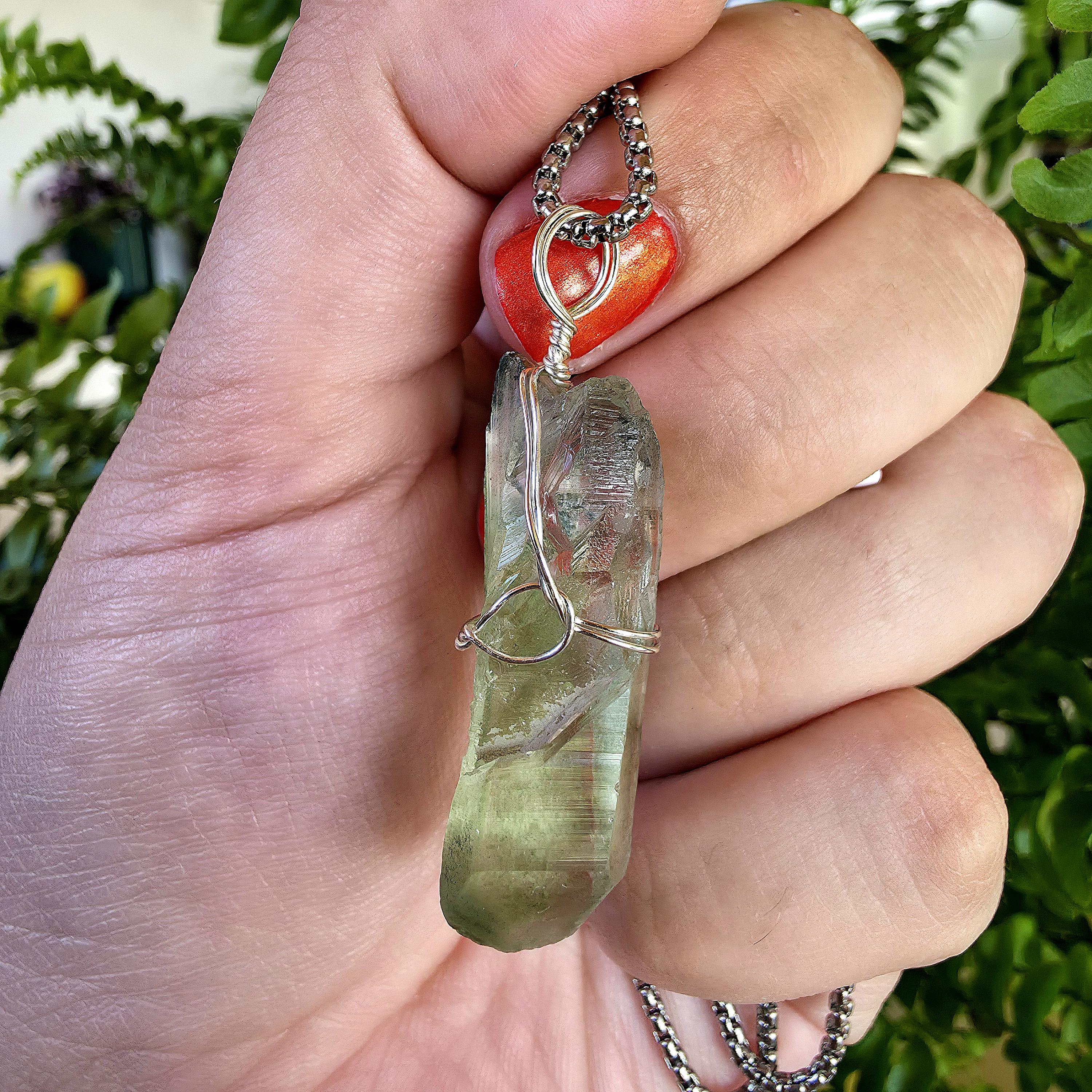 Himalayan Quartz Point Necklace | Chlorite Included Crystal | High Altitude Quartz Pendant | Stainless Steel Chain Jewelry