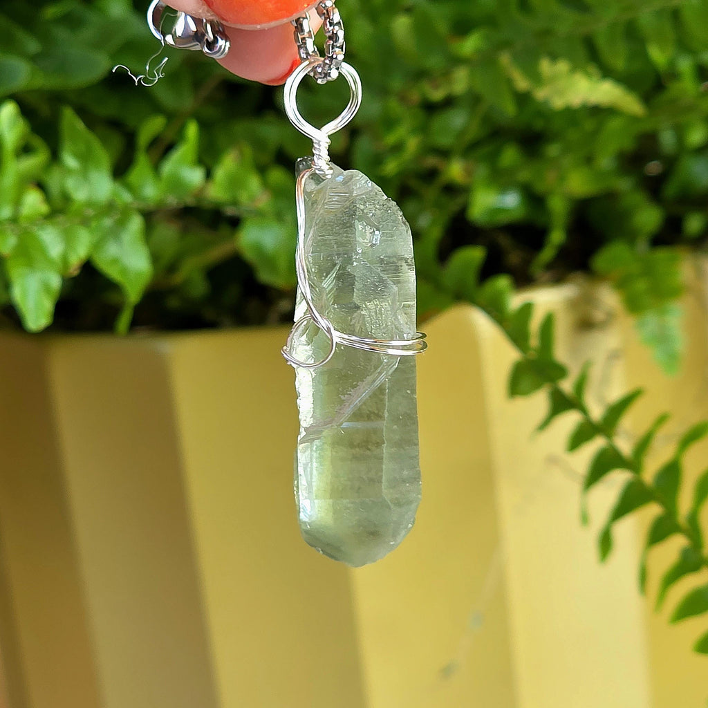 Himalayan Quartz Point Necklace | Chlorite Included Crystal | High Altitude Quartz Pendant | Stainless Steel Chain Jewelry