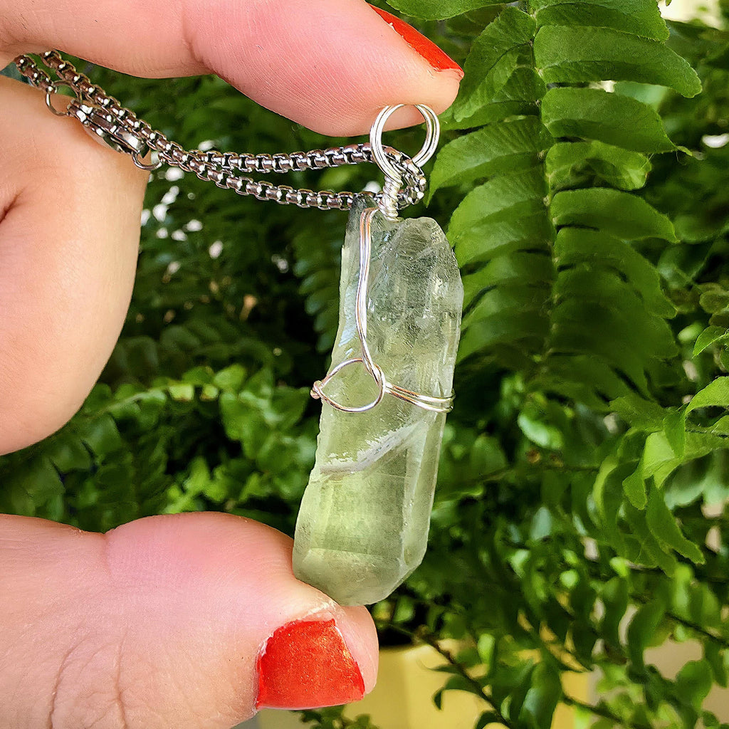 Himalayan Quartz Point Necklace | Chlorite Included Crystal | High Altitude Quartz Pendant | Stainless Steel Chain Jewelry