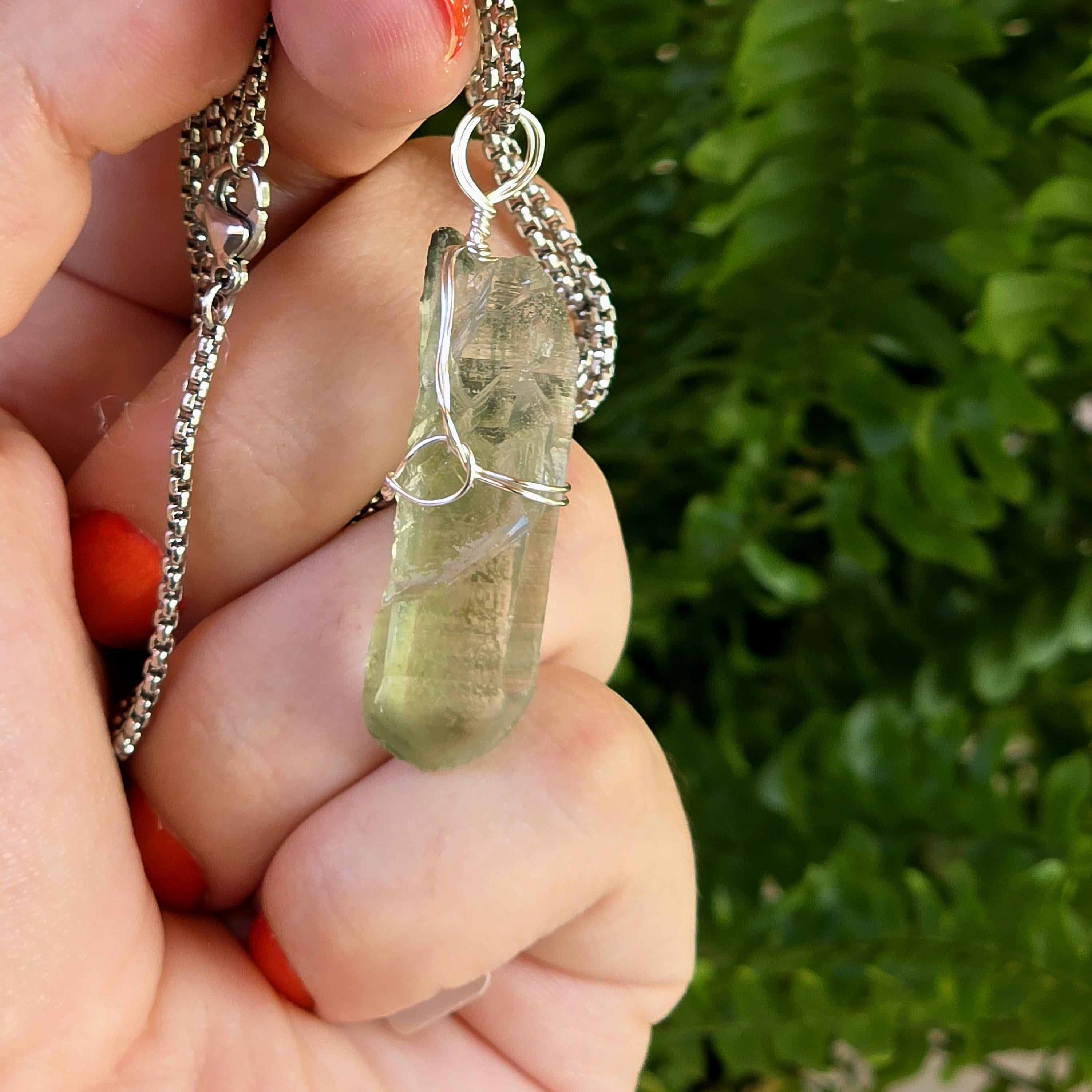 Himalayan Quartz Point Necklace | Chlorite Included Crystal | High Altitude Quartz Pendant | Stainless Steel Chain Jewelry