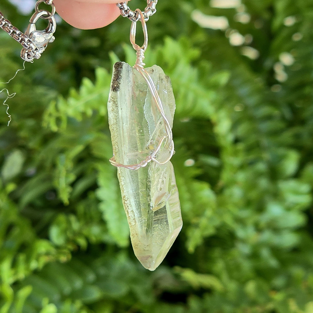 Himalayan Quartz Point Necklace | Chlorite Included Crystal | High Altitude Quartz Pendant | Stainless Steel Chain Jewelry