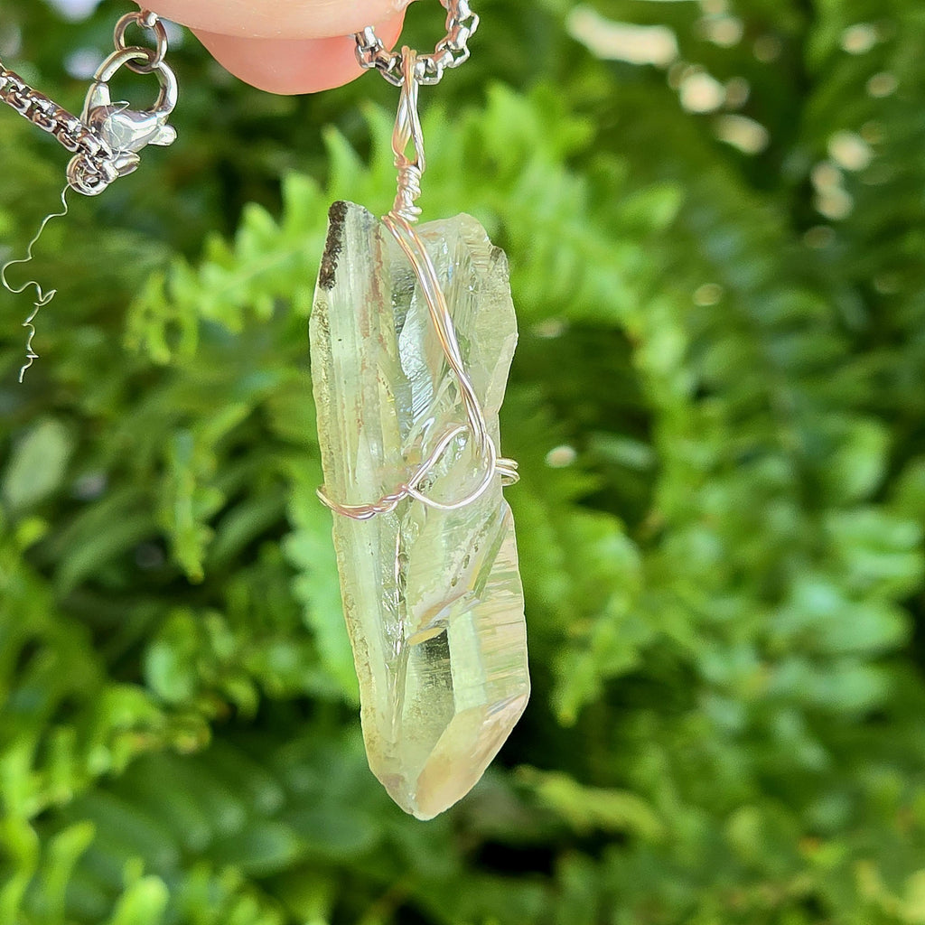 Himalayan Quartz Point Necklace | Chlorite Included Crystal | High Altitude Quartz Pendant | Stainless Steel Chain Jewelry
