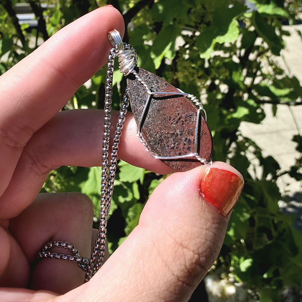 Dinosaur Bone Necklace | Fossil Cabochon Pendant | Polished Dino Bone | Stainless Steel Chain | Prehistoric Jewelry