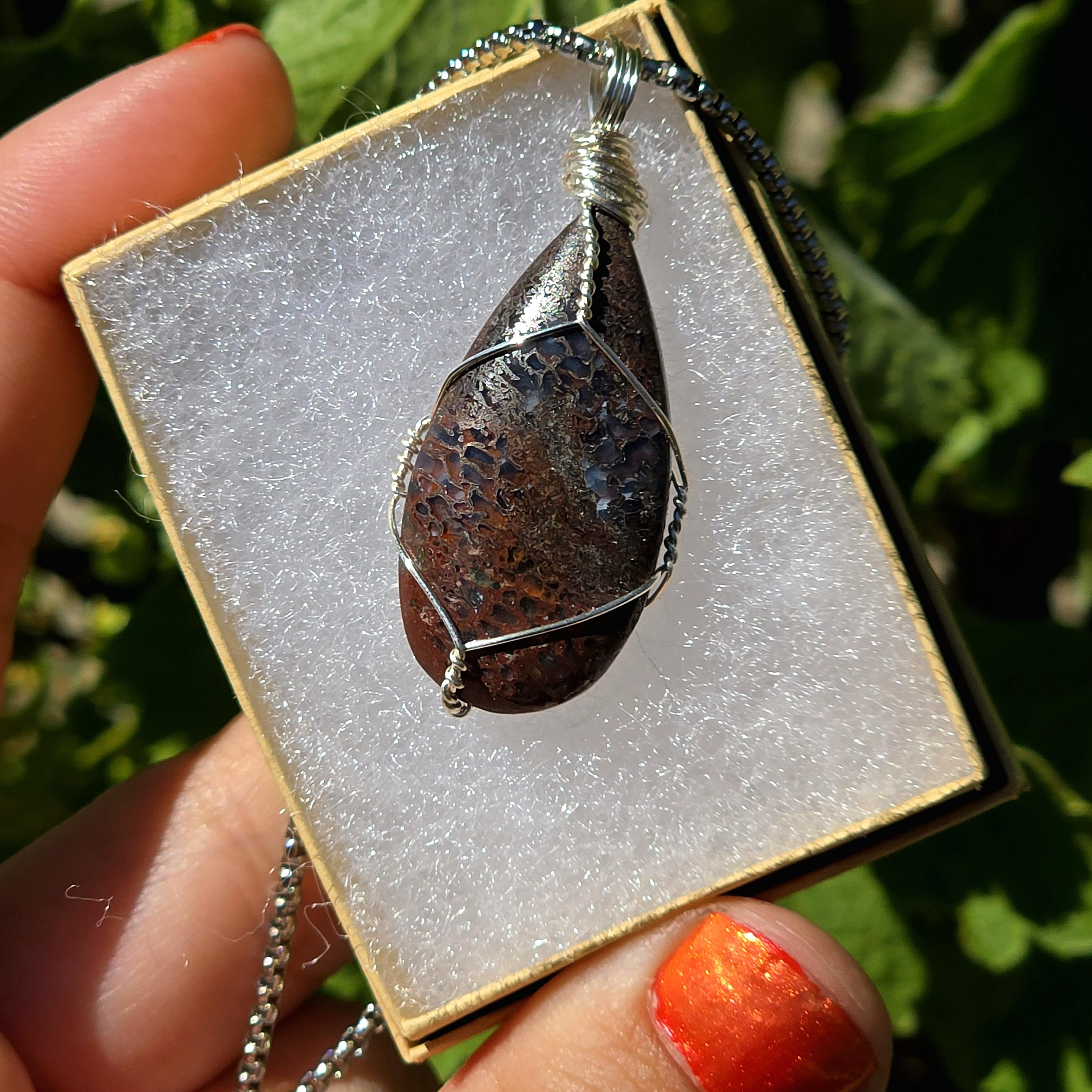 Dinosaur Bone Necklace | Fossil Cabochon Pendant | Polished Dino Bone | Stainless Steel Chain | Prehistoric Jewelry