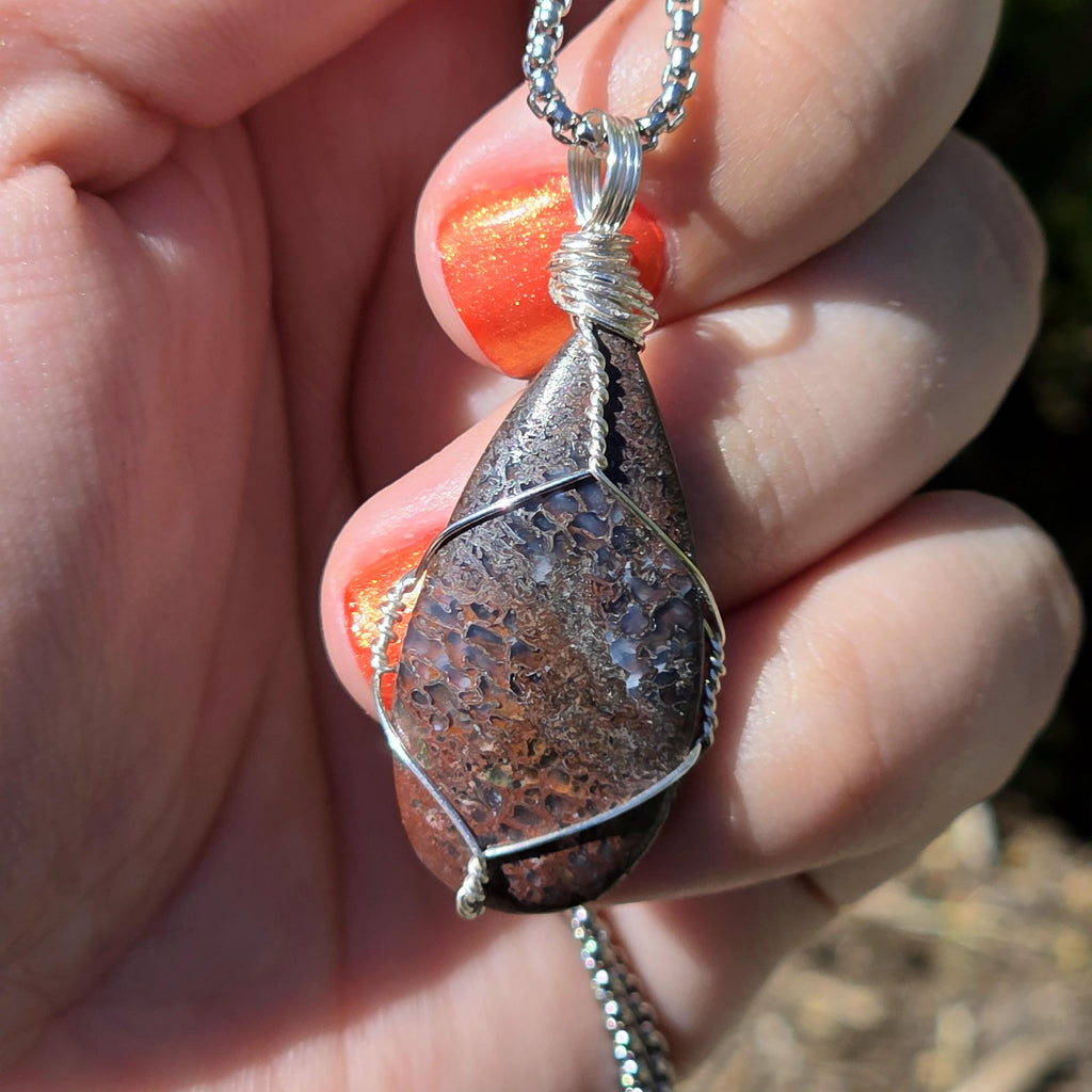 Dinosaur Bone Necklace | Fossil Cabochon Pendant | Polished Dino Bone | Stainless Steel Chain | Prehistoric Jewelry