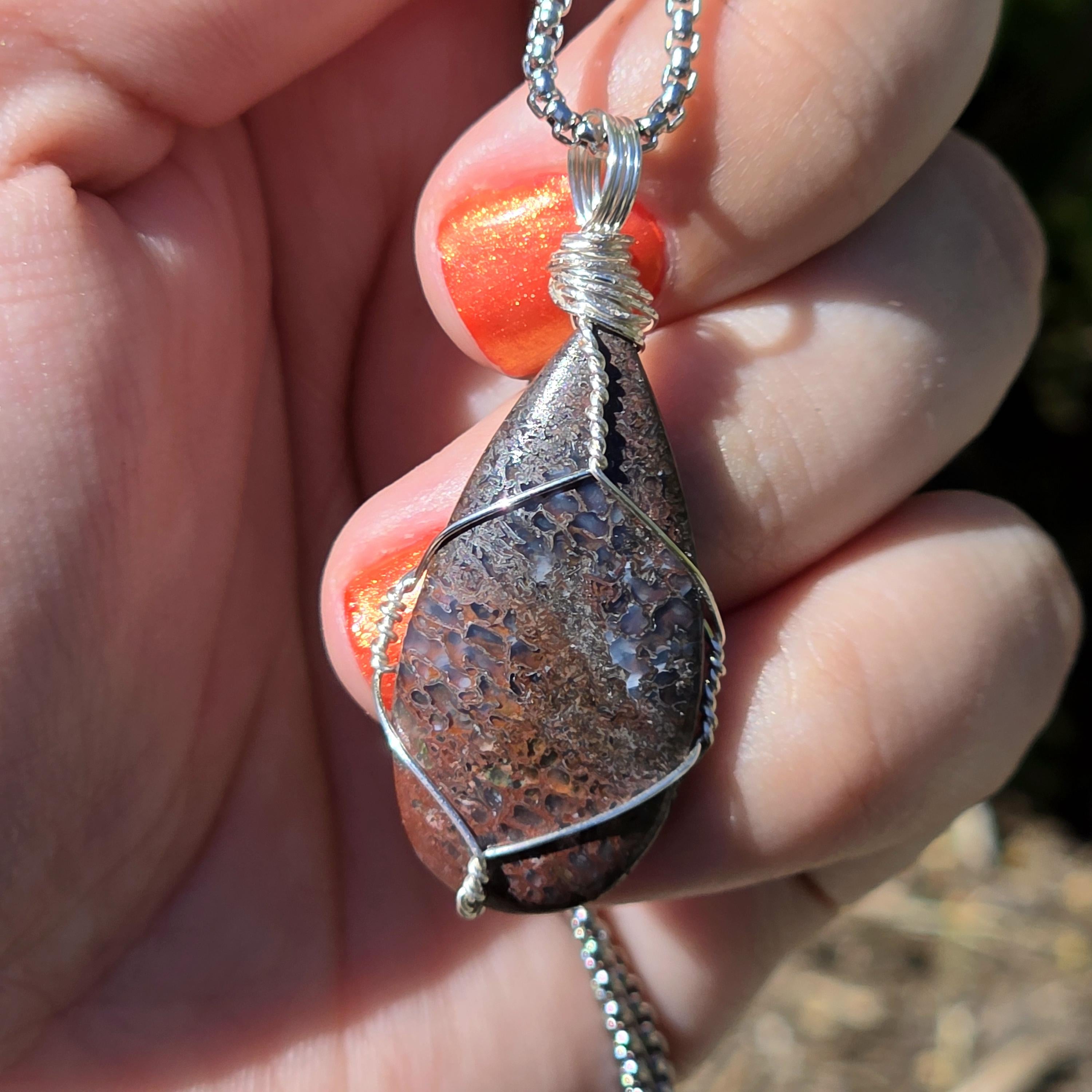 Dinosaur Bone Necklace | Fossil Cabochon Pendant | Polished Dino Bone | Stainless Steel Chain | Prehistoric Jewelry