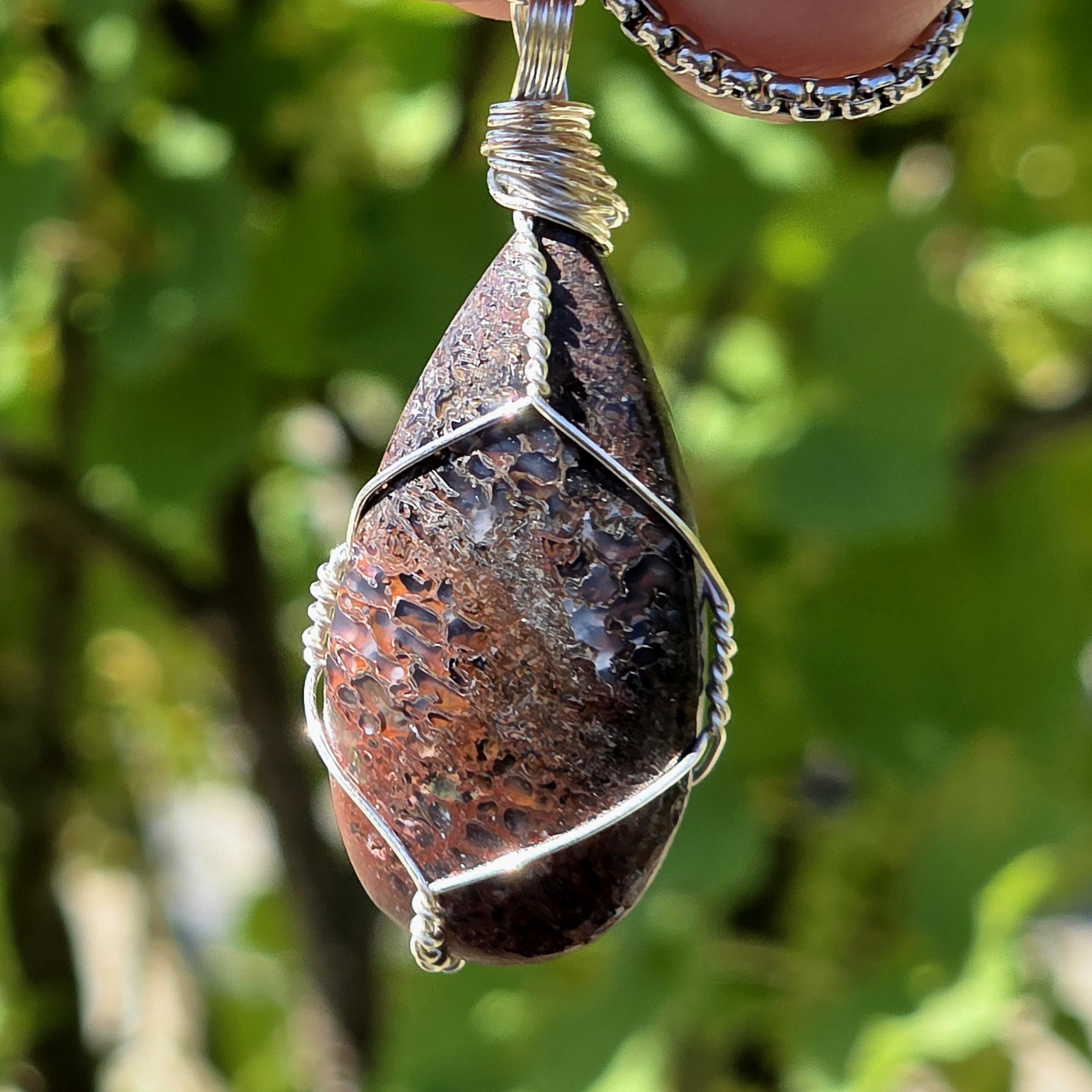 Dinosaur Bone Necklace | Fossil Cabochon Pendant | Polished Dino Bone | Stainless Steel Chain | Prehistoric Jewelry
