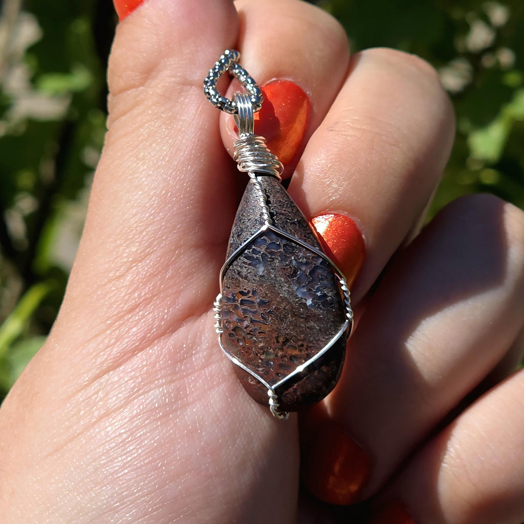 Dinosaur Bone Necklace | Fossil Cabochon Pendant | Polished Dino Bone | Stainless Steel Chain | Prehistoric Jewelry