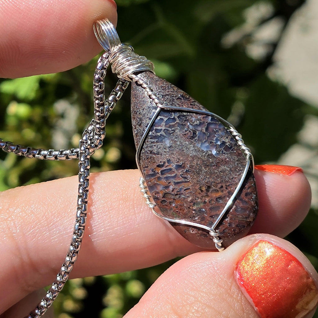 Dinosaur Bone Necklace | Fossil Cabochon Pendant | Polished Dino Bone | Stainless Steel Chain | Prehistoric Jewelry