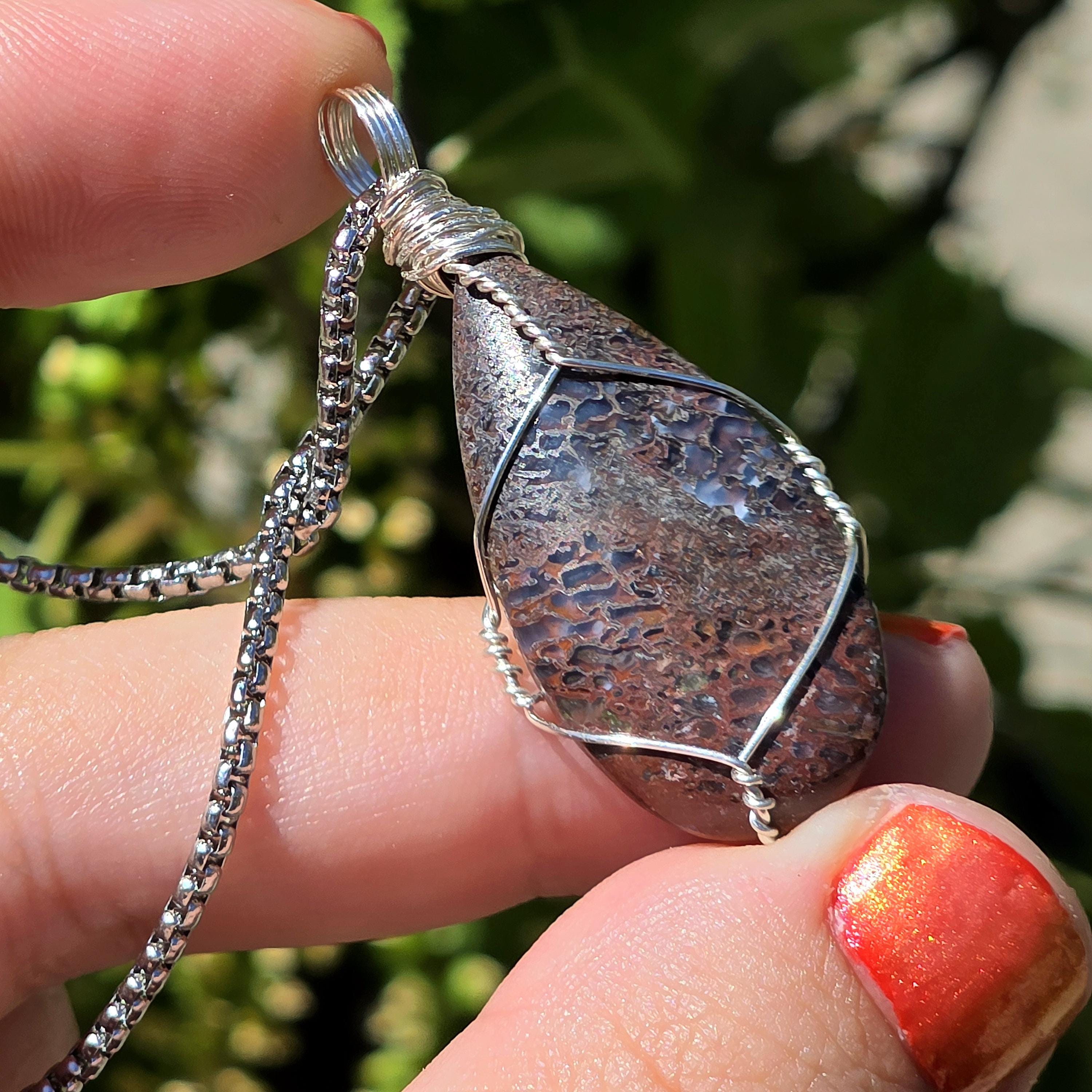 Dinosaur Bone Necklace | Fossil Cabochon Pendant | Polished Dino Bone | Stainless Steel Chain | Prehistoric Jewelry