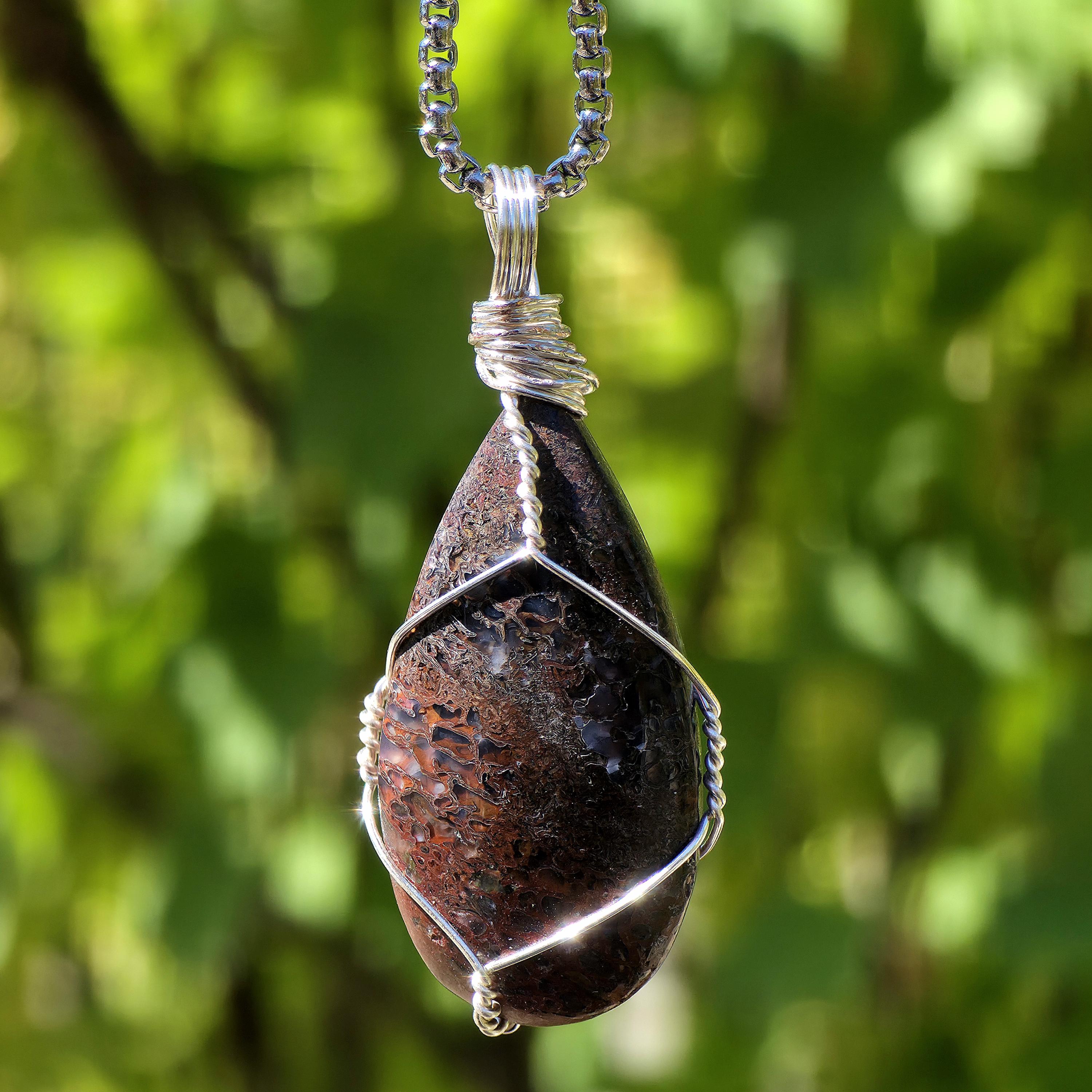 Dinosaur Bone Necklace | Fossil Cabochon Pendant | Polished Dino Bone | Stainless Steel Chain | Prehistoric Jewelry