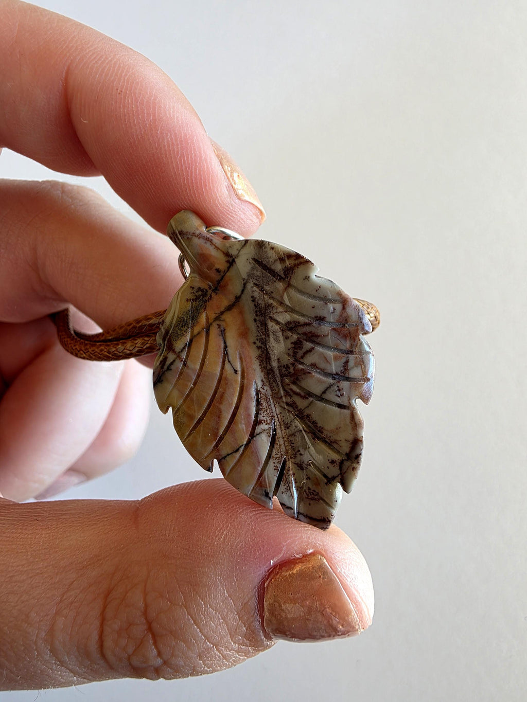Polychrome Jasper Leaf Necklace | Carved Jasper Pendant | Earthy Crystal Jewelry | 20 Inch Cord