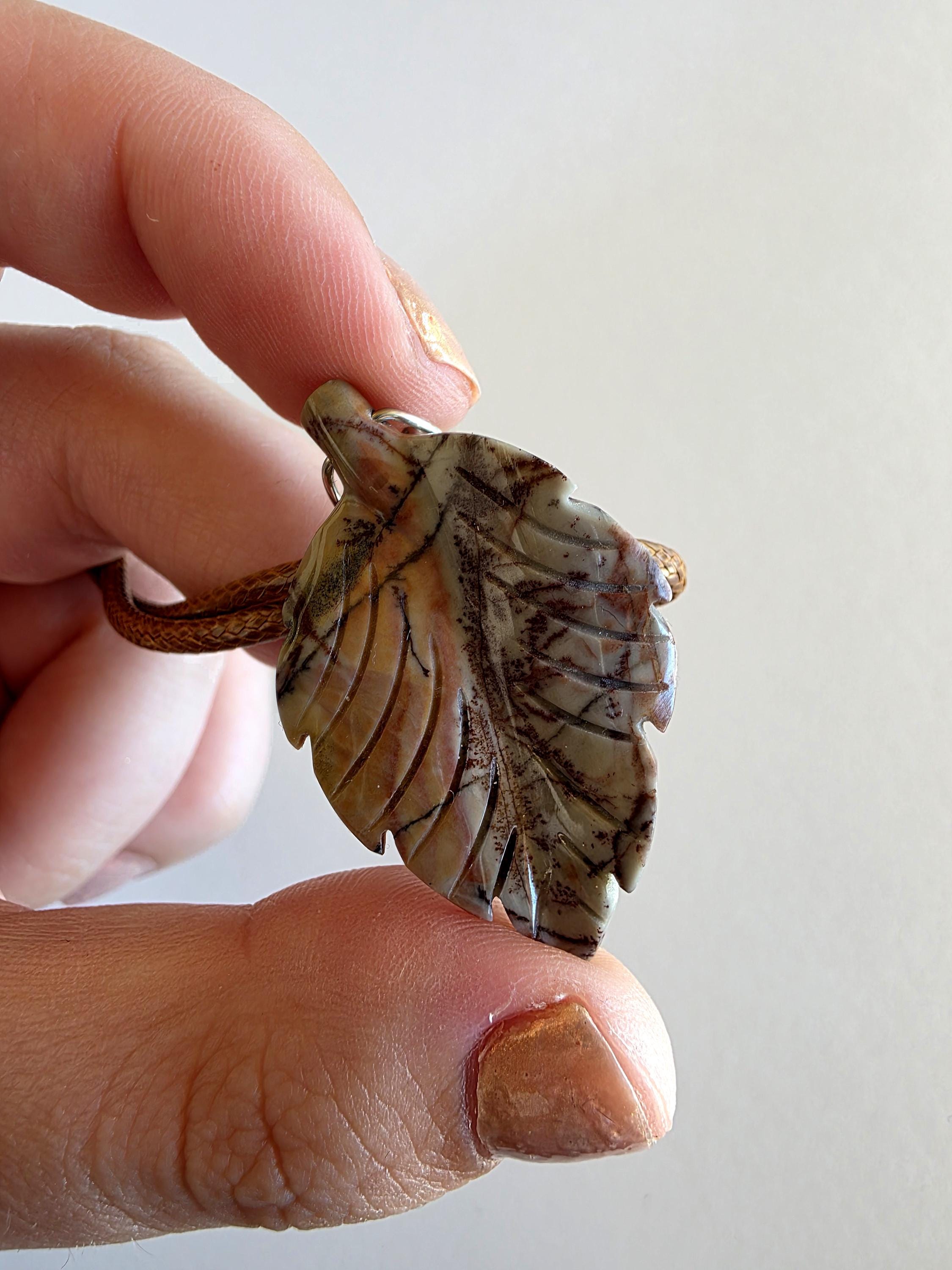 Polychrome Jasper Leaf Necklace | Carved Jasper Pendant | Earthy Crystal Jewelry | 20 Inch Cord