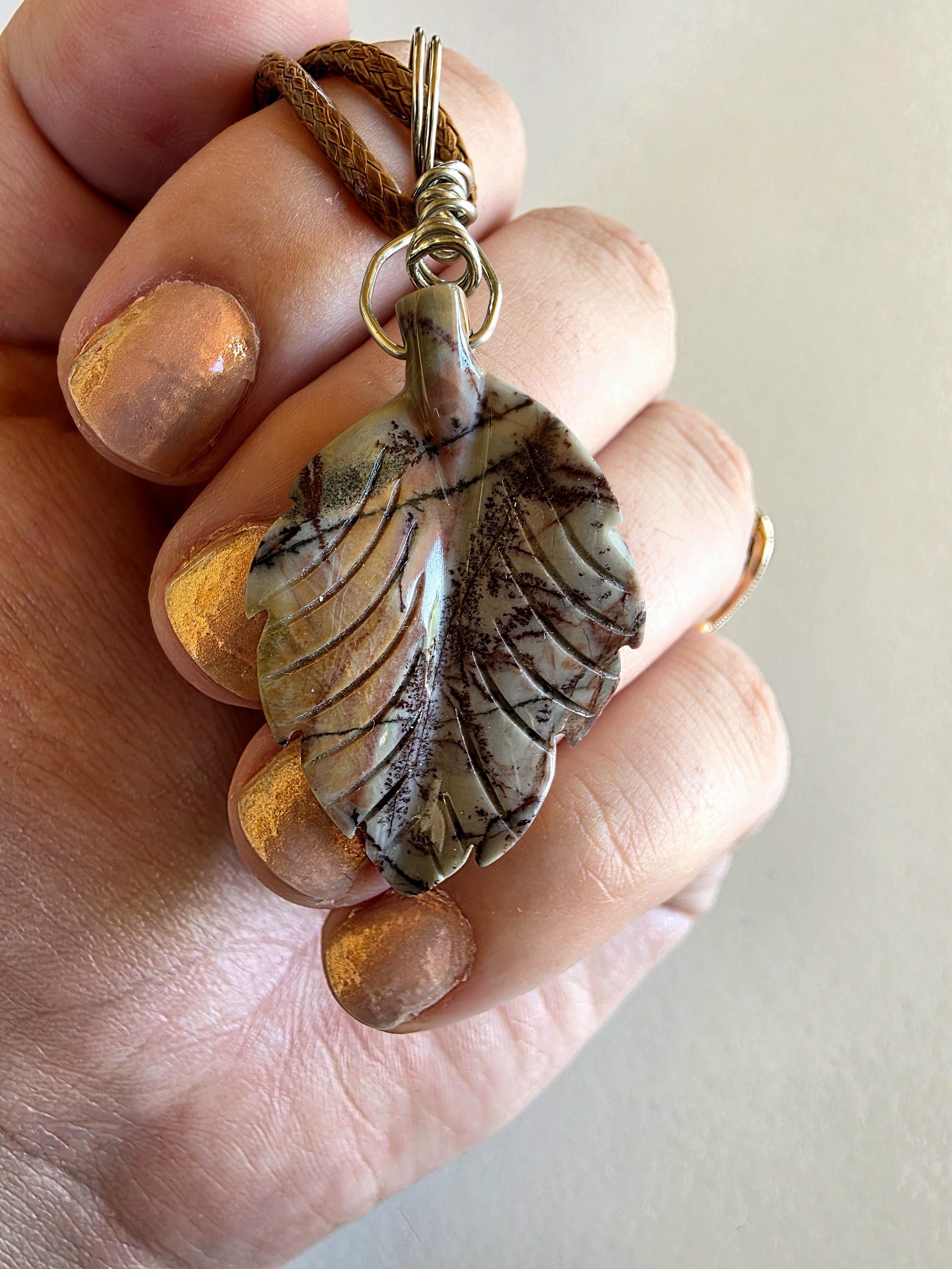 Polychrome Jasper Leaf Necklace | Carved Jasper Pendant | Earthy Crystal Jewelry | 20 Inch Cord