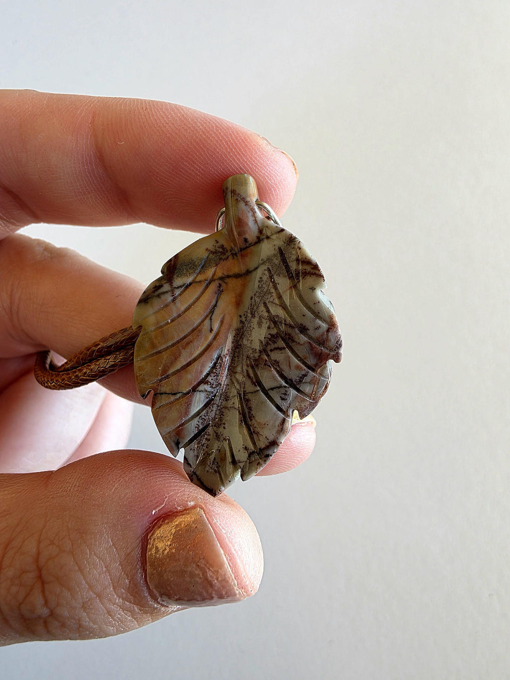 Polychrome Jasper Leaf Necklace | Carved Jasper Pendant | Earthy Crystal Jewelry | 20 Inch Cord