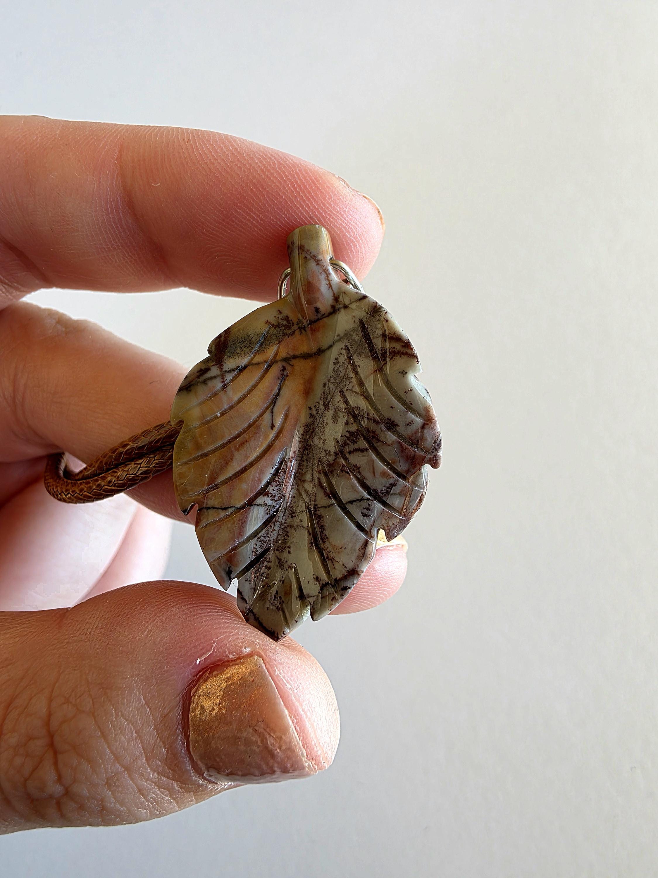 Polychrome Jasper Leaf Necklace | Carved Jasper Pendant | Earthy Crystal Jewelry | 20 Inch Cord