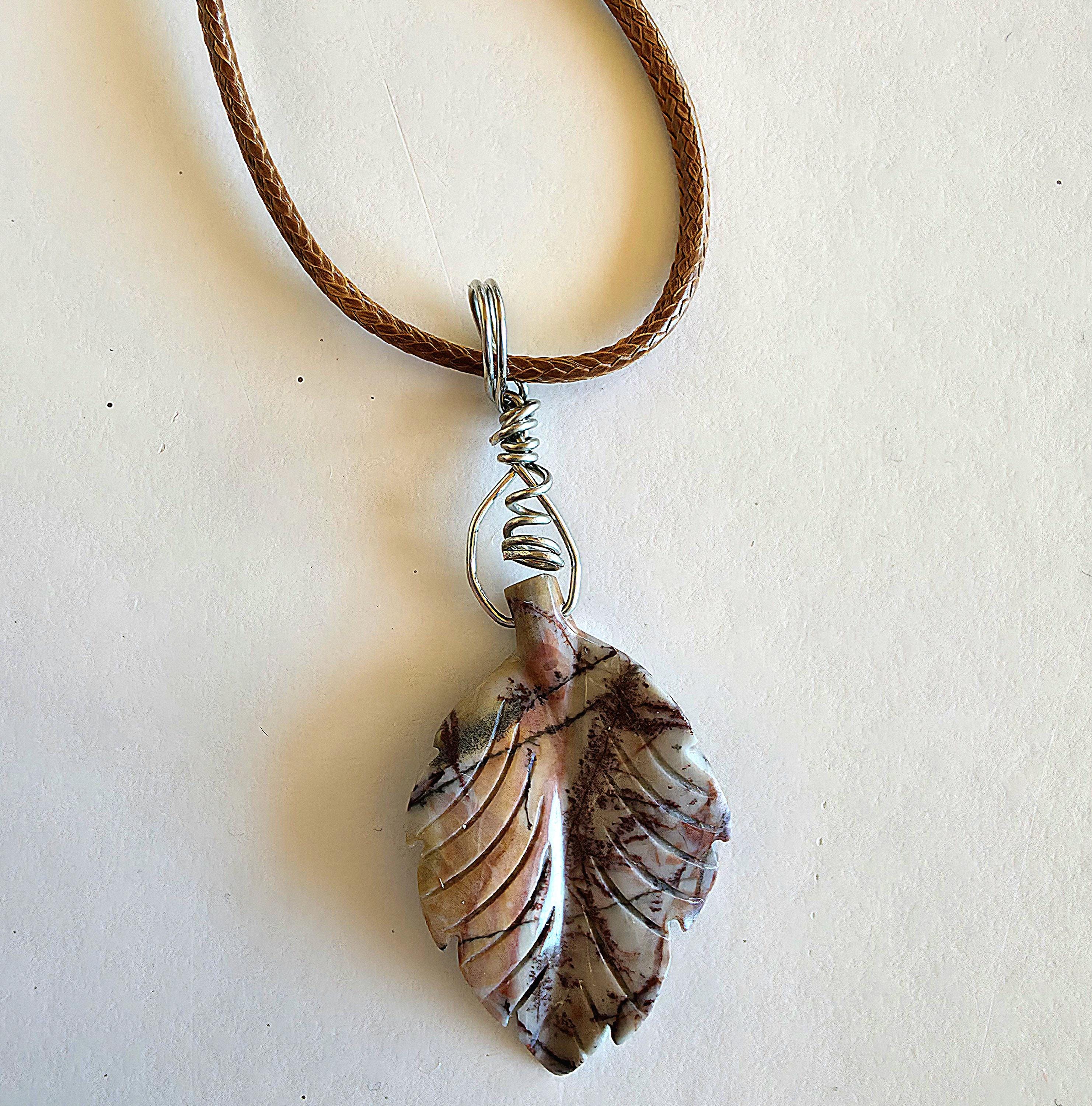 Polychrome Jasper Leaf Necklace | Carved Jasper Pendant | Earthy Crystal Jewelry | 20 Inch Cord
