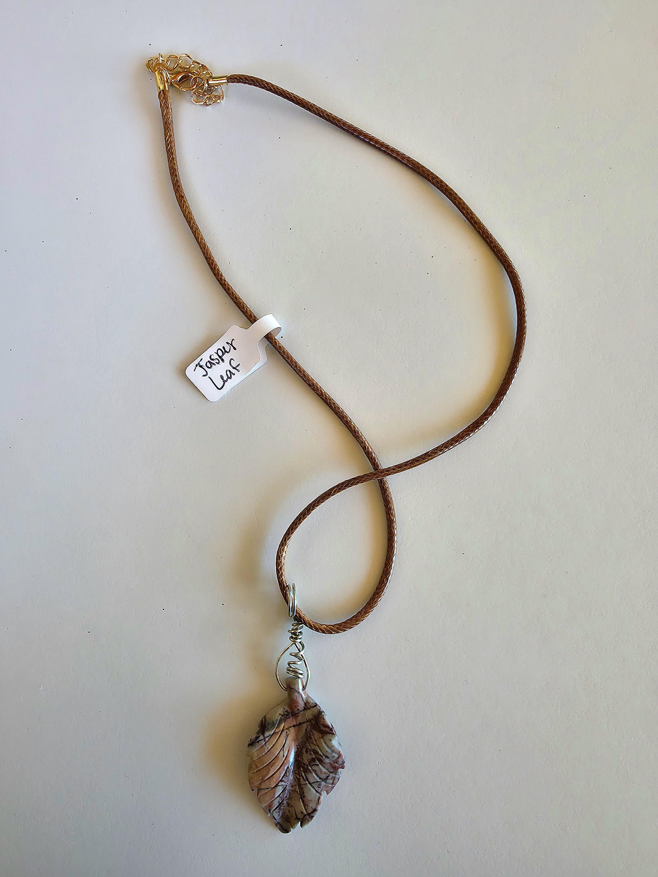 Polychrome Jasper Leaf Necklace | Carved Jasper Pendant | Earthy Crystal Jewelry | 20 Inch Cord