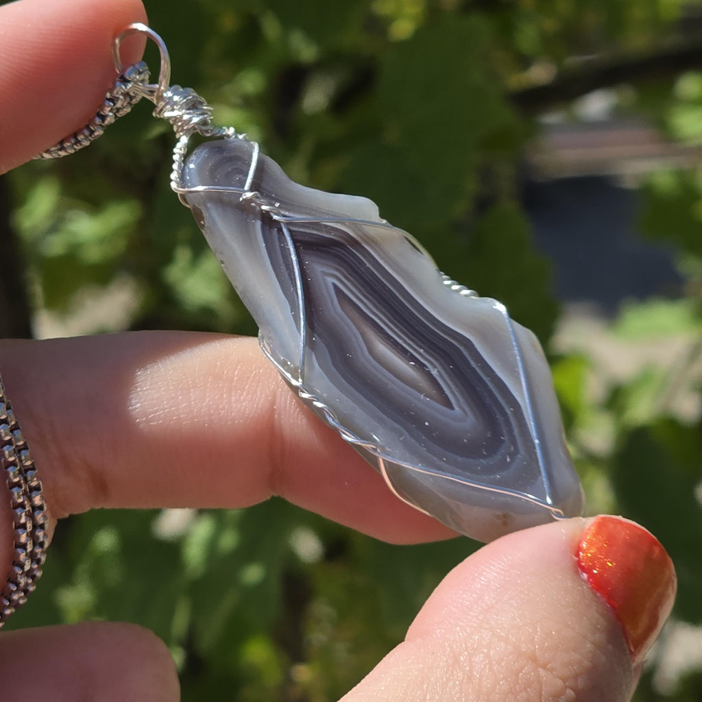 Wire Wrapped Grey Agate Necklace | Stainless Steel Crystal Necklace | Portal Agate Pendant | Natural Agate Jewelry
