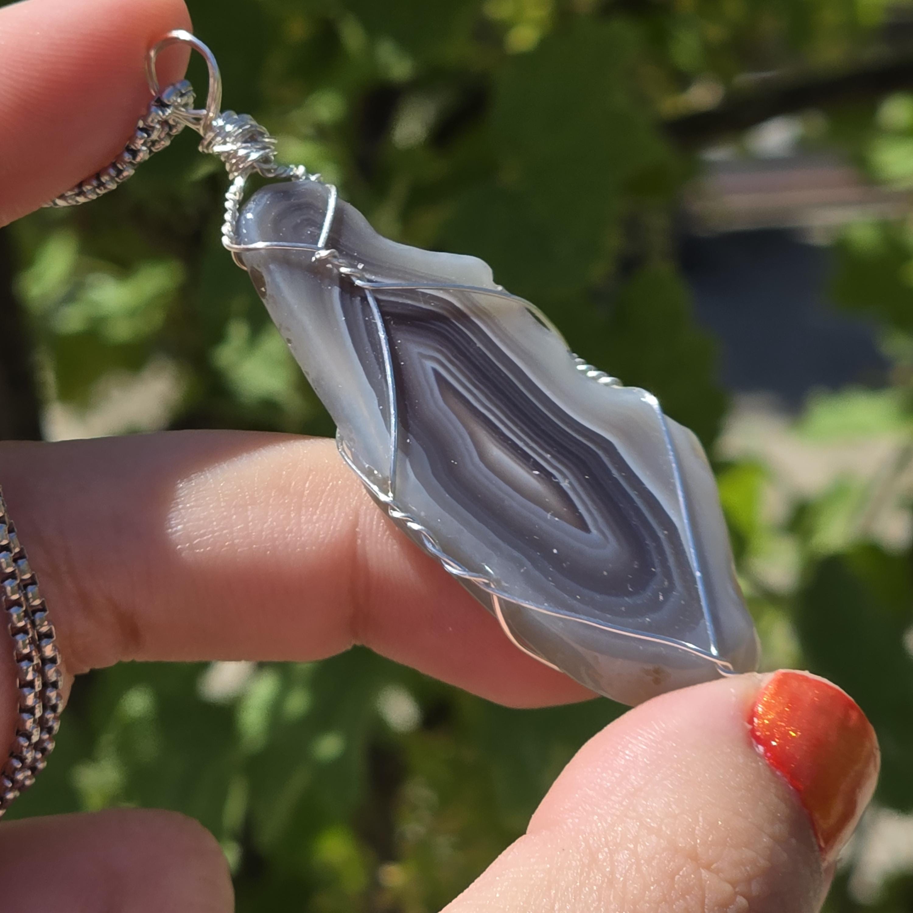Wire Wrapped Grey Agate Necklace | Stainless Steel Crystal Necklace | Portal Agate Pendant | Natural Agate Jewelry
