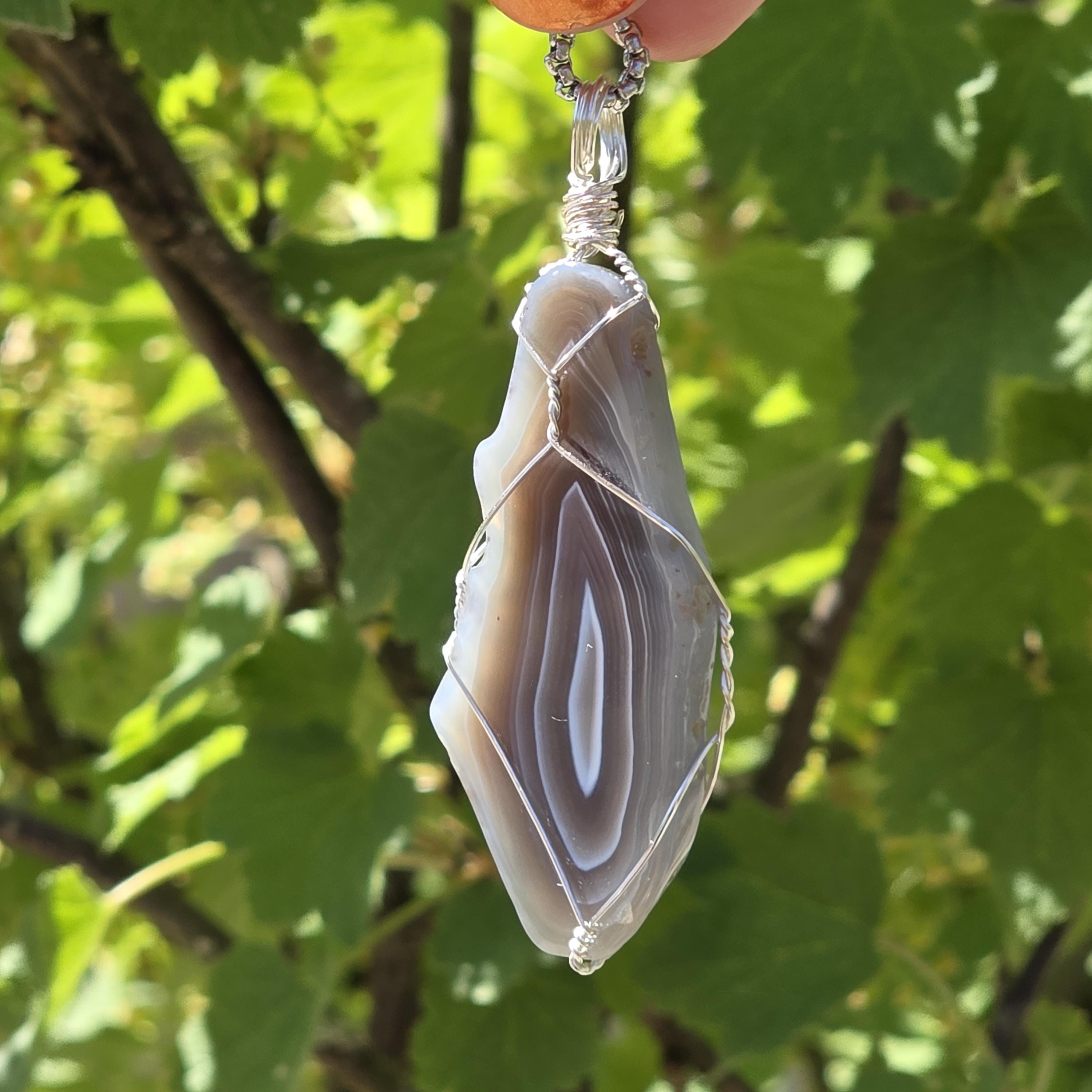 Wire Wrapped Grey Agate Necklace | Stainless Steel Crystal Necklace | Portal Agate Pendant | Natural Agate Jewelry