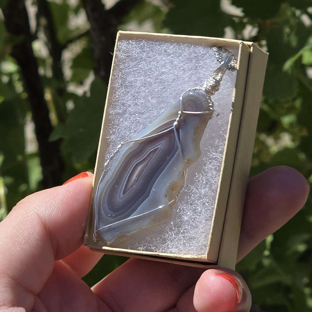 Wire Wrapped Grey Agate Necklace | Stainless Steel Crystal Necklace | Portal Agate Pendant | Natural Agate Jewelry