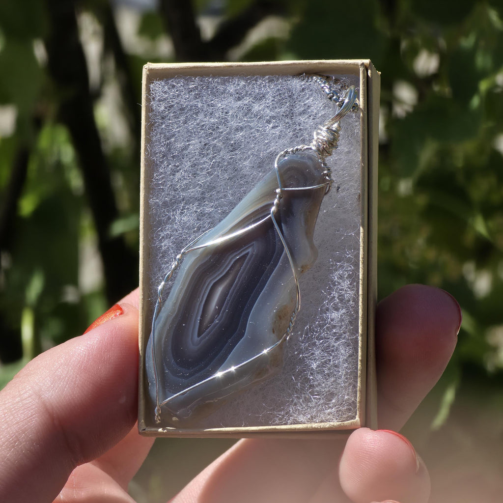 Wire Wrapped Grey Agate Necklace | Stainless Steel Crystal Necklace | Portal Agate Pendant | Natural Agate Jewelry